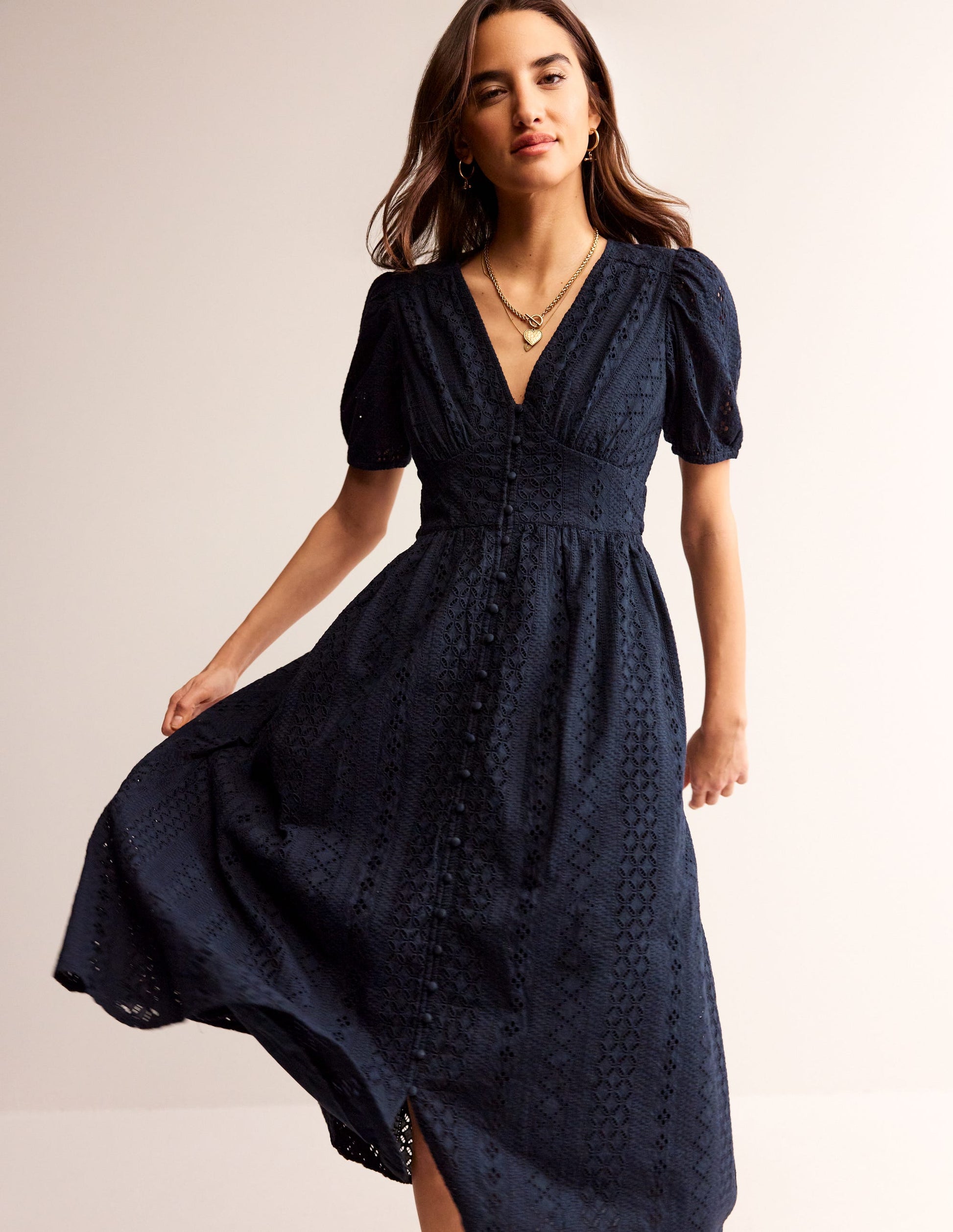 Broderie Midi Tea Dress-Navy-1