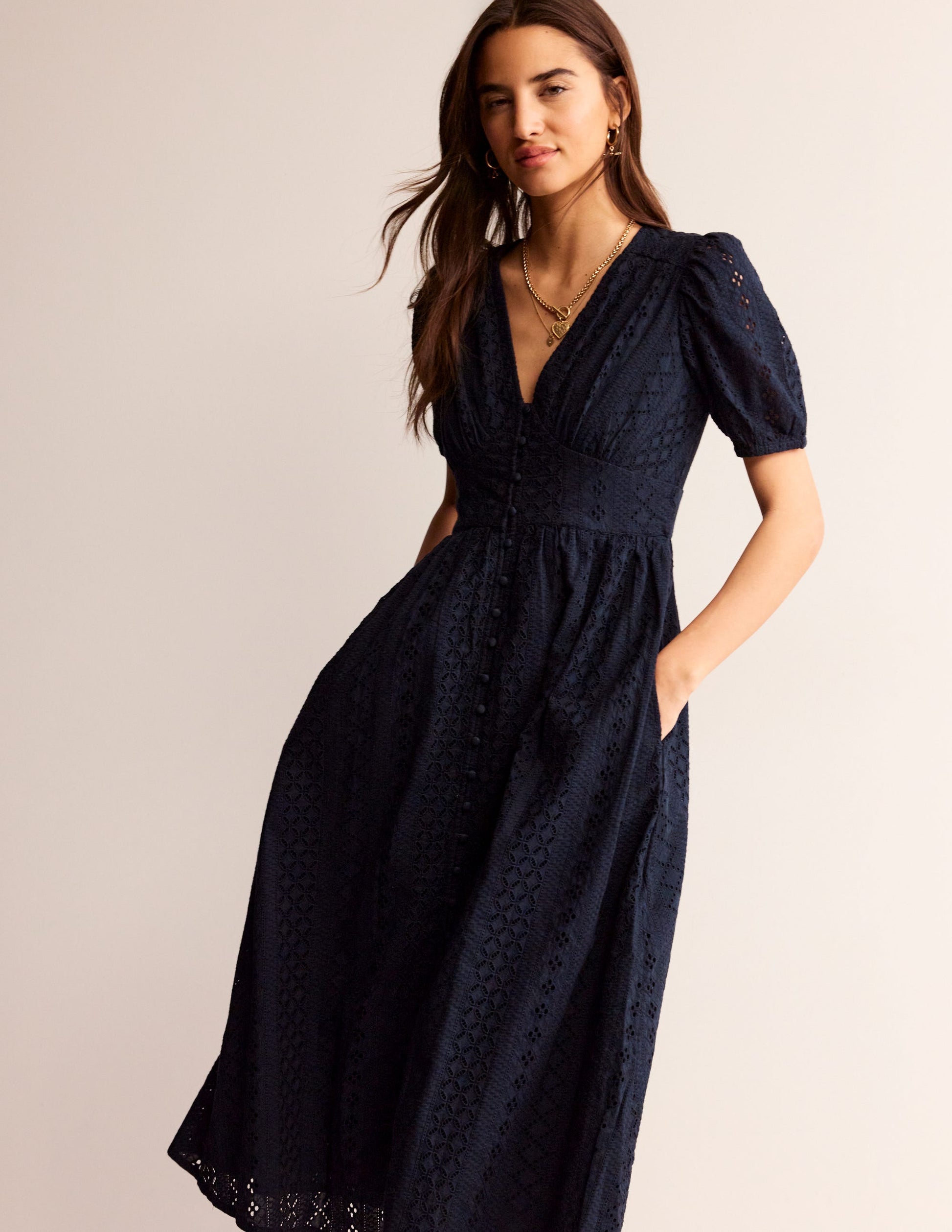 Broderie Midi Tea Dress-Navy-4