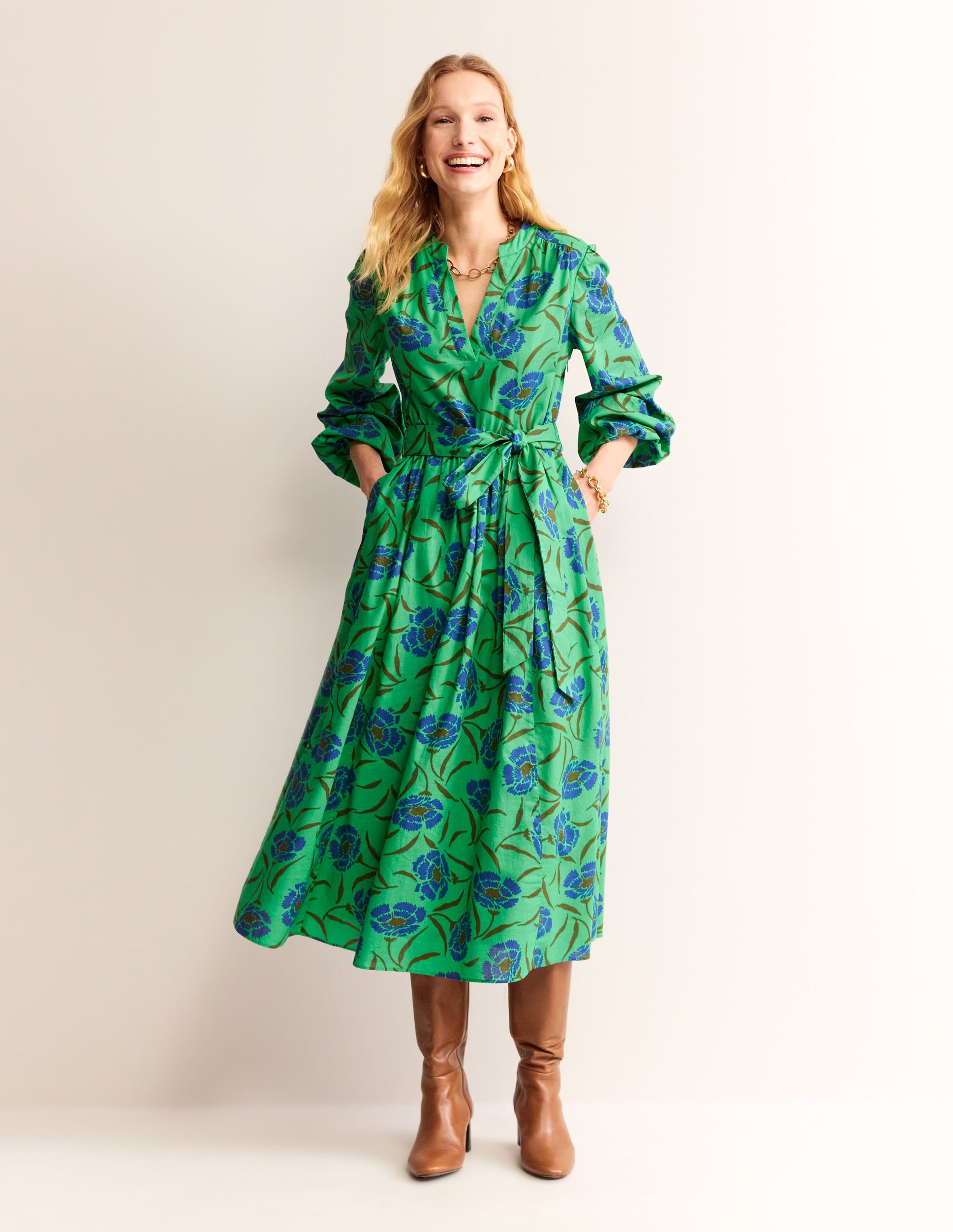 Jen Cotton Midi Dress-Ming Green, Peony Sprig - Image 1