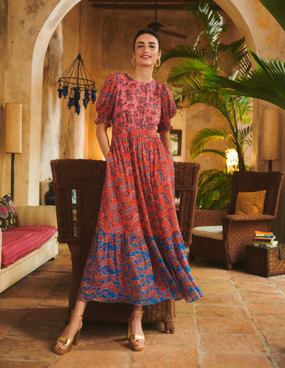 Smocked Cuff Maxi Dress-Sangria Sunset, Paisley Wave-5