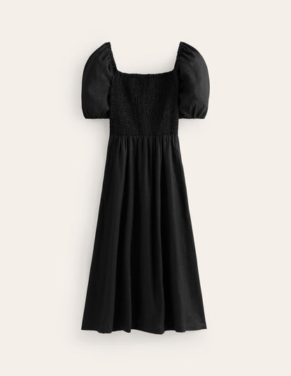 Sky Smocked Linen Midi Dress-Black-5