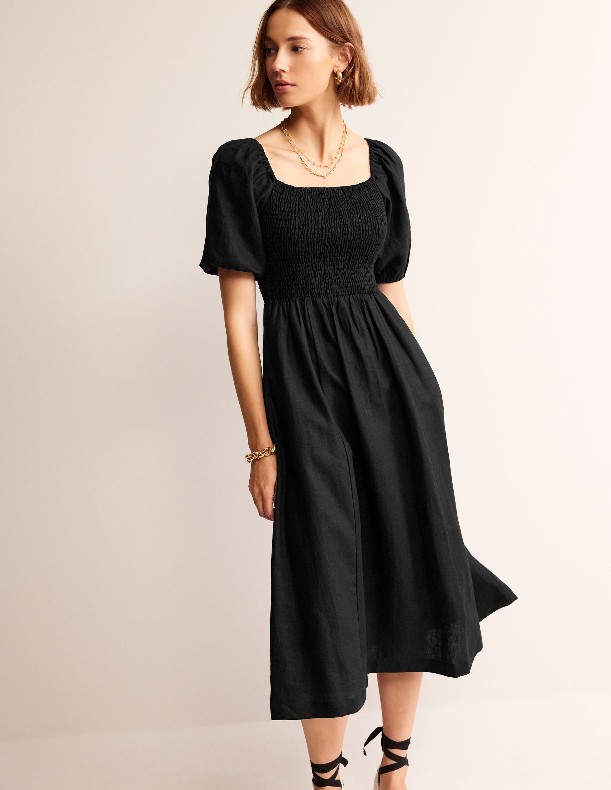 Sky Smocked Linen Midi Dress-Black-2