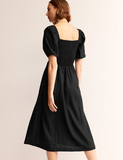 Sky Smocked Linen Midi Dress-Black-4