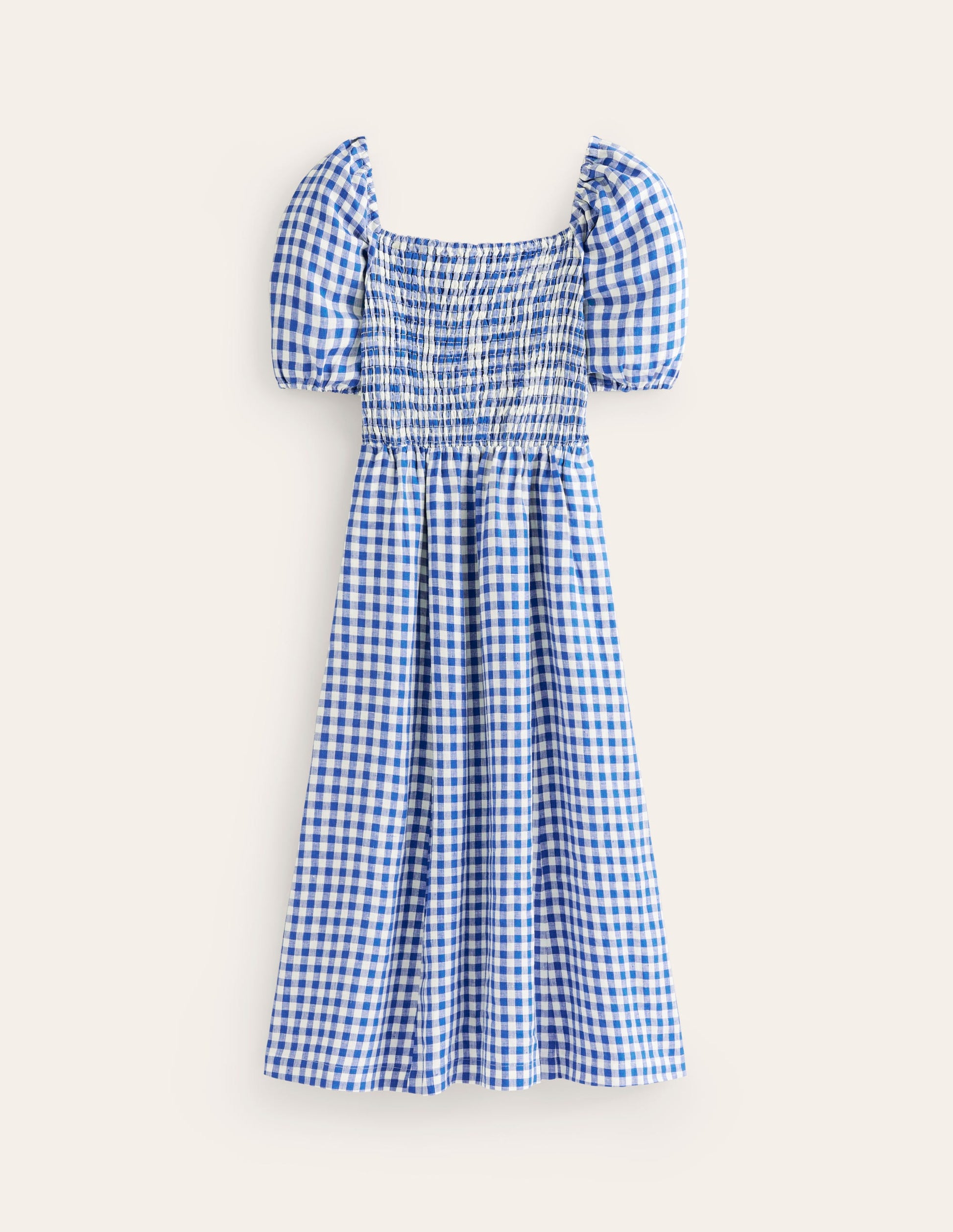 Sky Smocked Linen Midi Dress-Blue Gingham-6