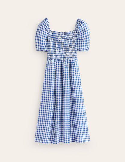 Sky Smocked Linen Midi Dress-Blue Gingham-6