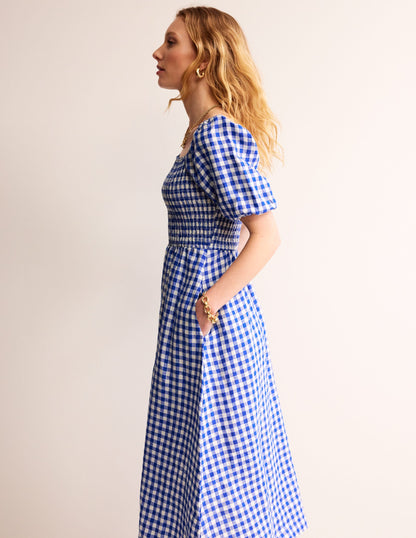Sky Smocked Linen Midi Dress-Blue Gingham-1