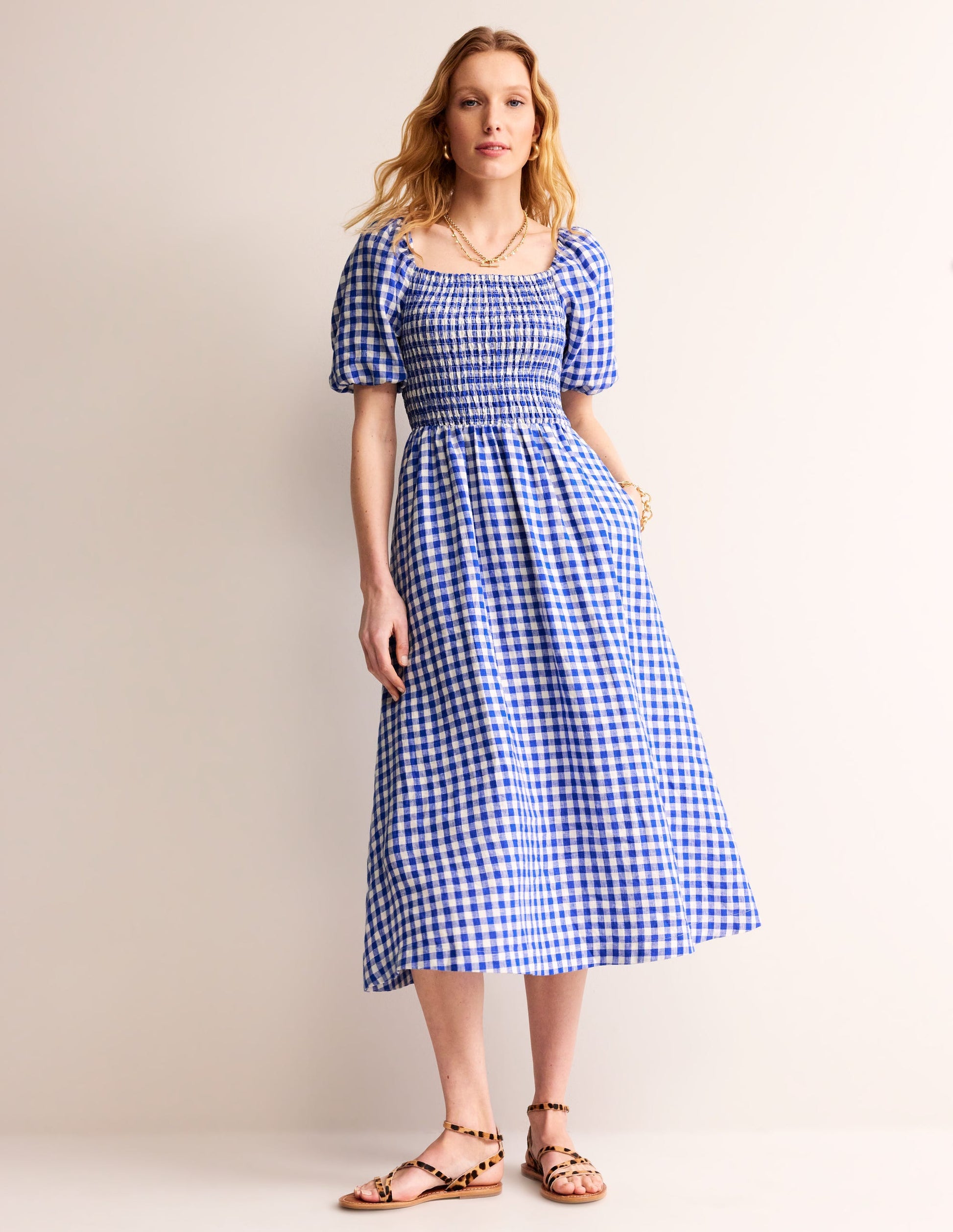 Sky Smocked Linen Midi Dress-Blue Gingham-2