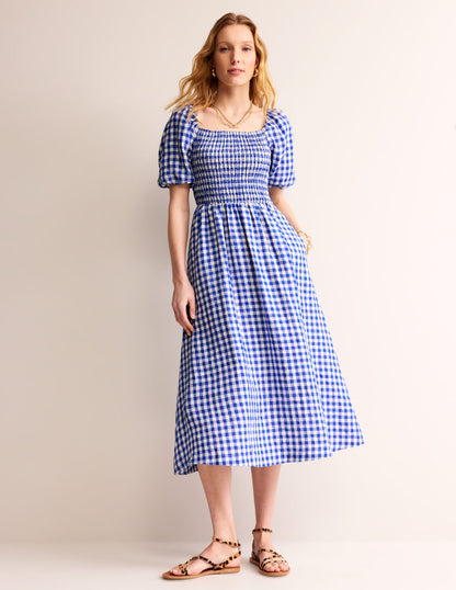 Sky Smocked Linen Midi Dress-Blue Gingham-2