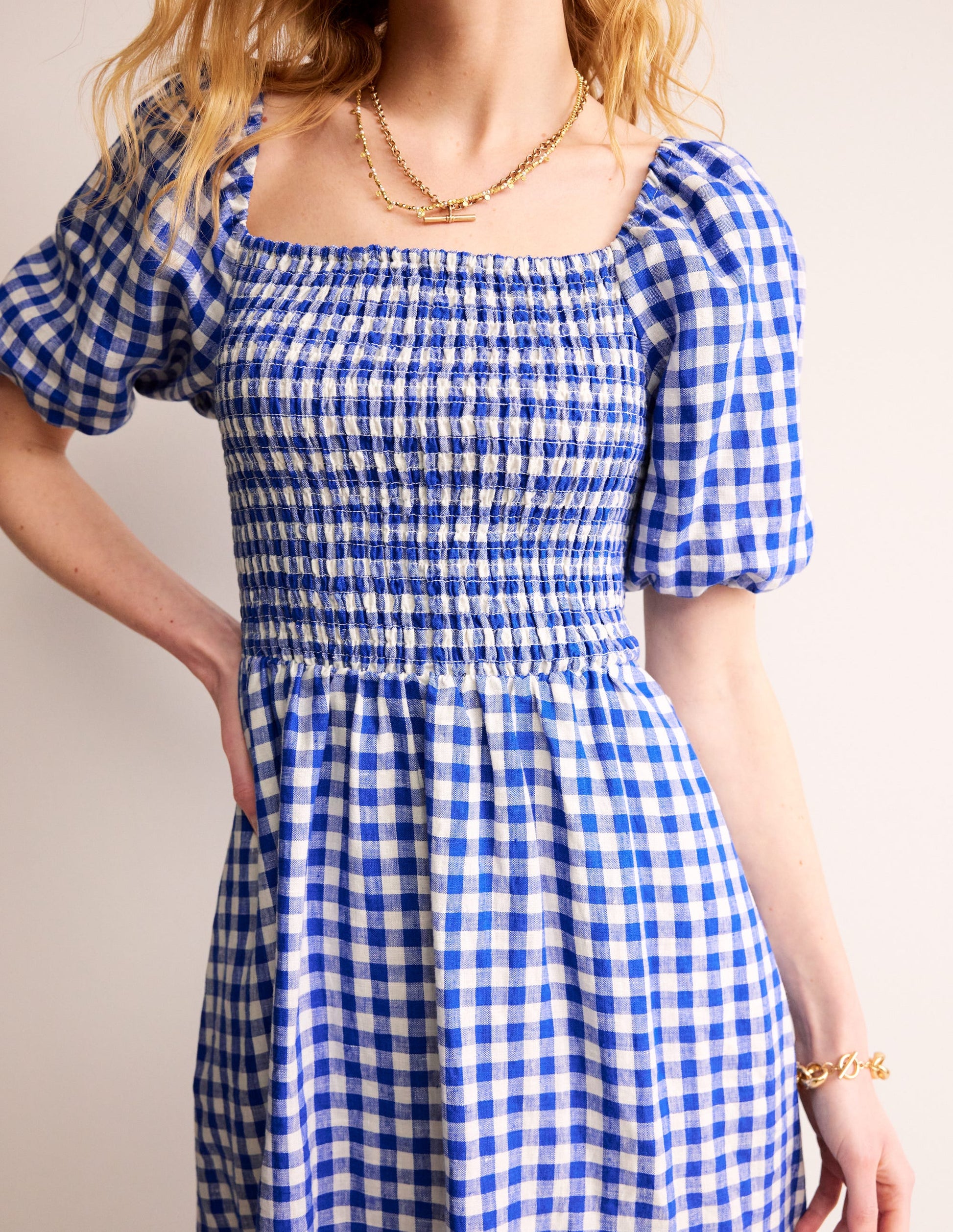 Sky Smocked Linen Midi Dress-Blue Gingham-3