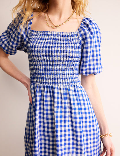 Sky Smocked Linen Midi Dress-Blue Gingham-3