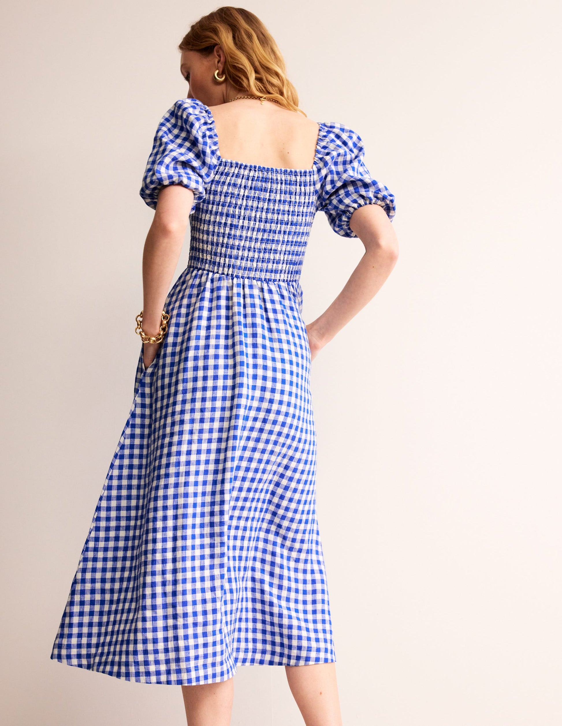 Sky Smocked Linen Midi Dress-Blue Gingham-4