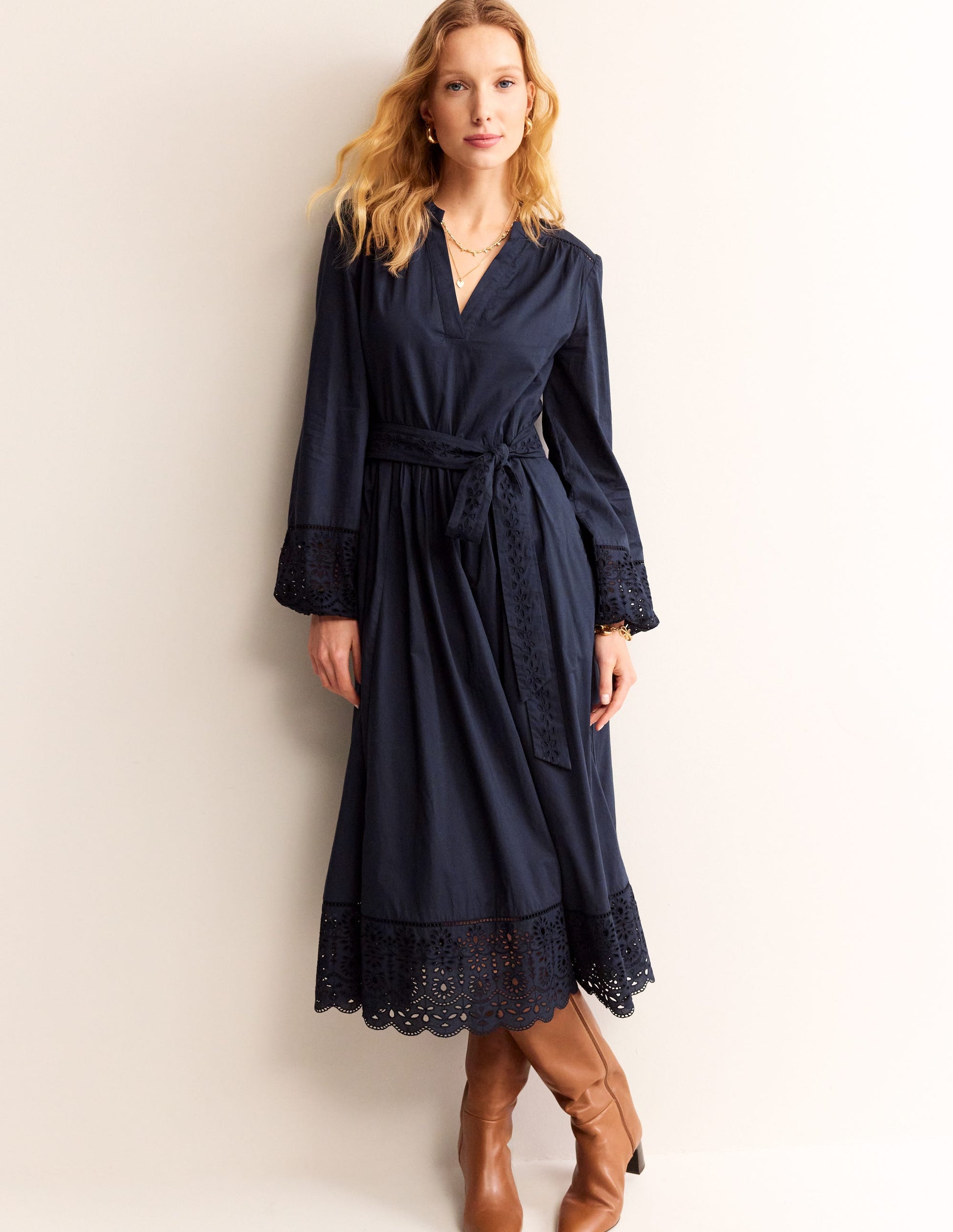 Jen Broderie Cotton Midi Dress-Navy-1