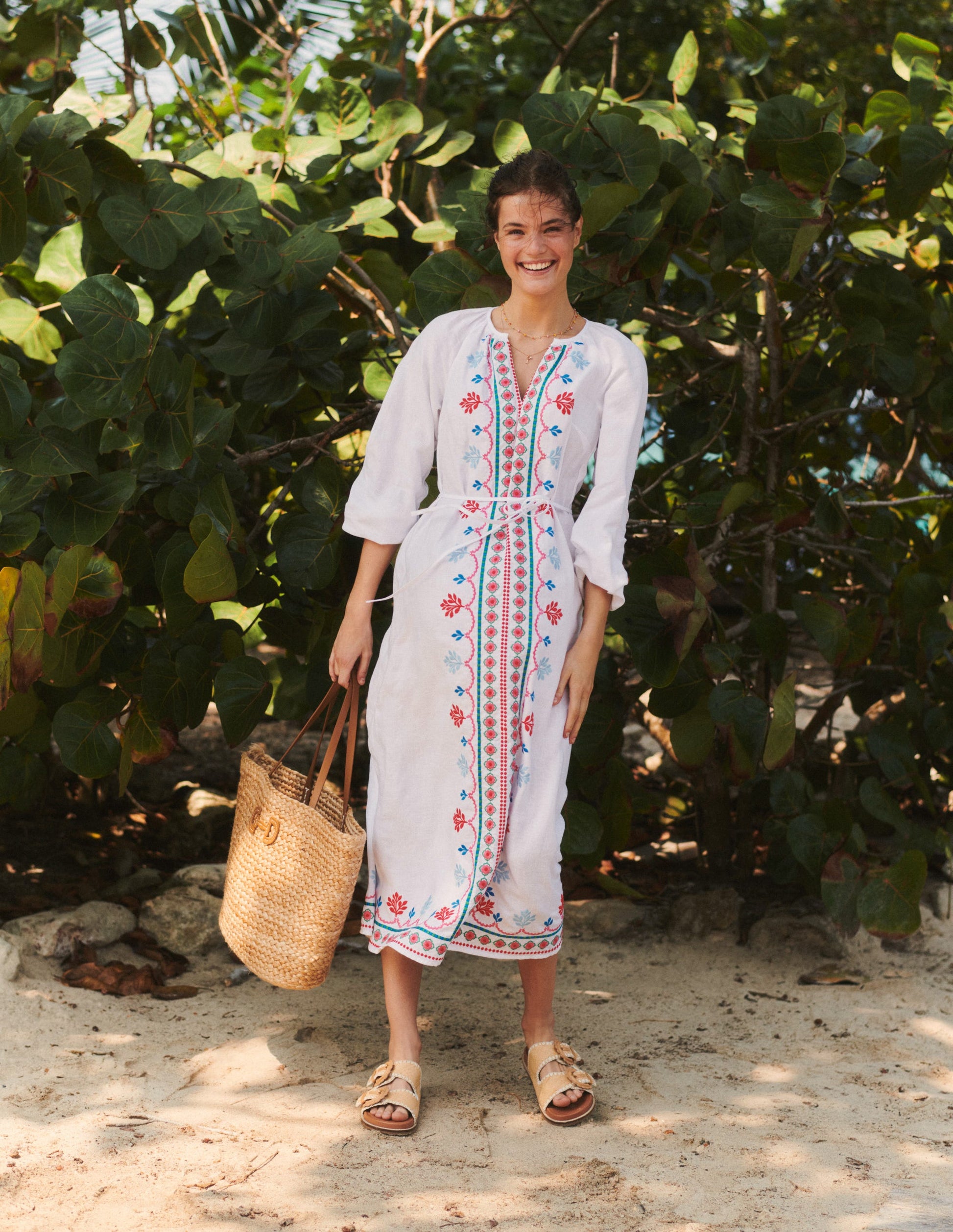 Embroidered Belted Linen Dress-White, Multi-5