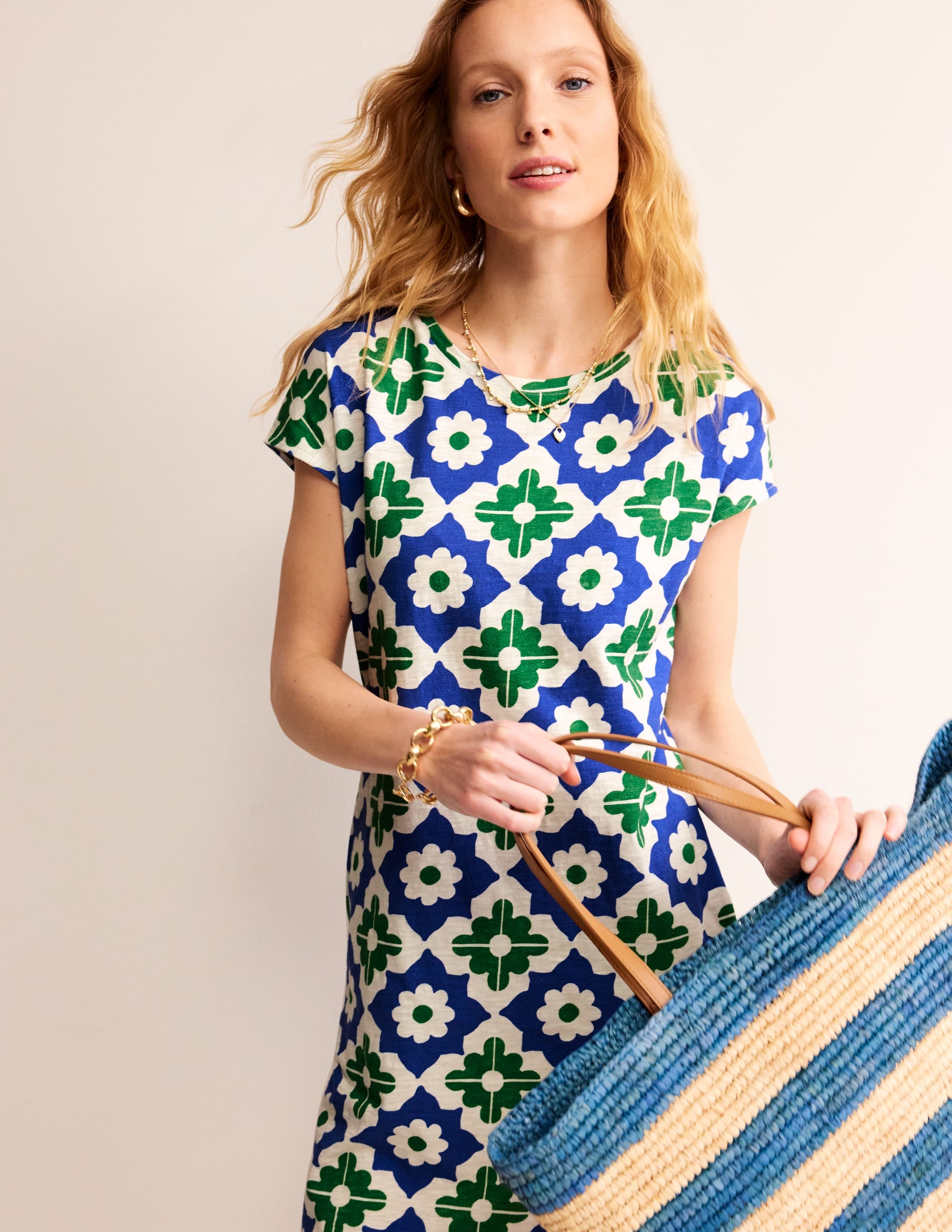 Leah Jersey T-shirt Dress-Green, Geometric Stamp - Image 4