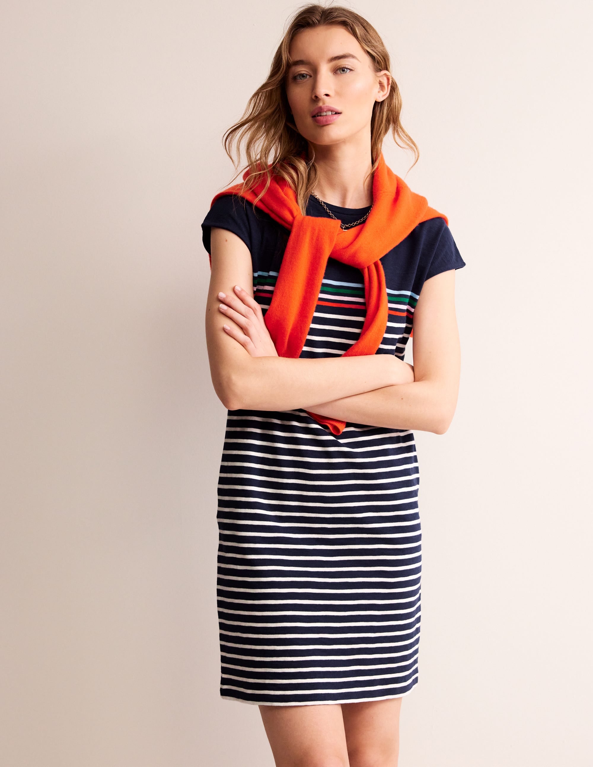 Leah Jersey T-shirt Dress-Navy, Ivory Multistripe - Image 1