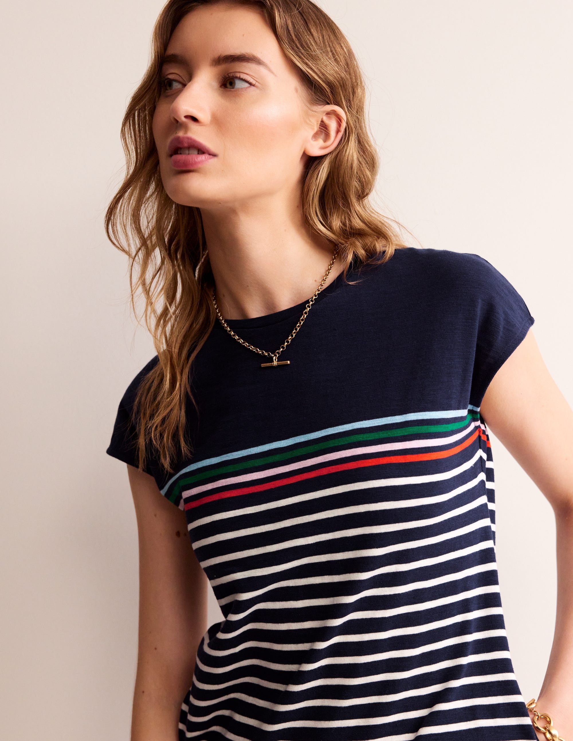 Leah Jersey T-shirt Dress-Navy, Ivory Multistripe - Image 2
