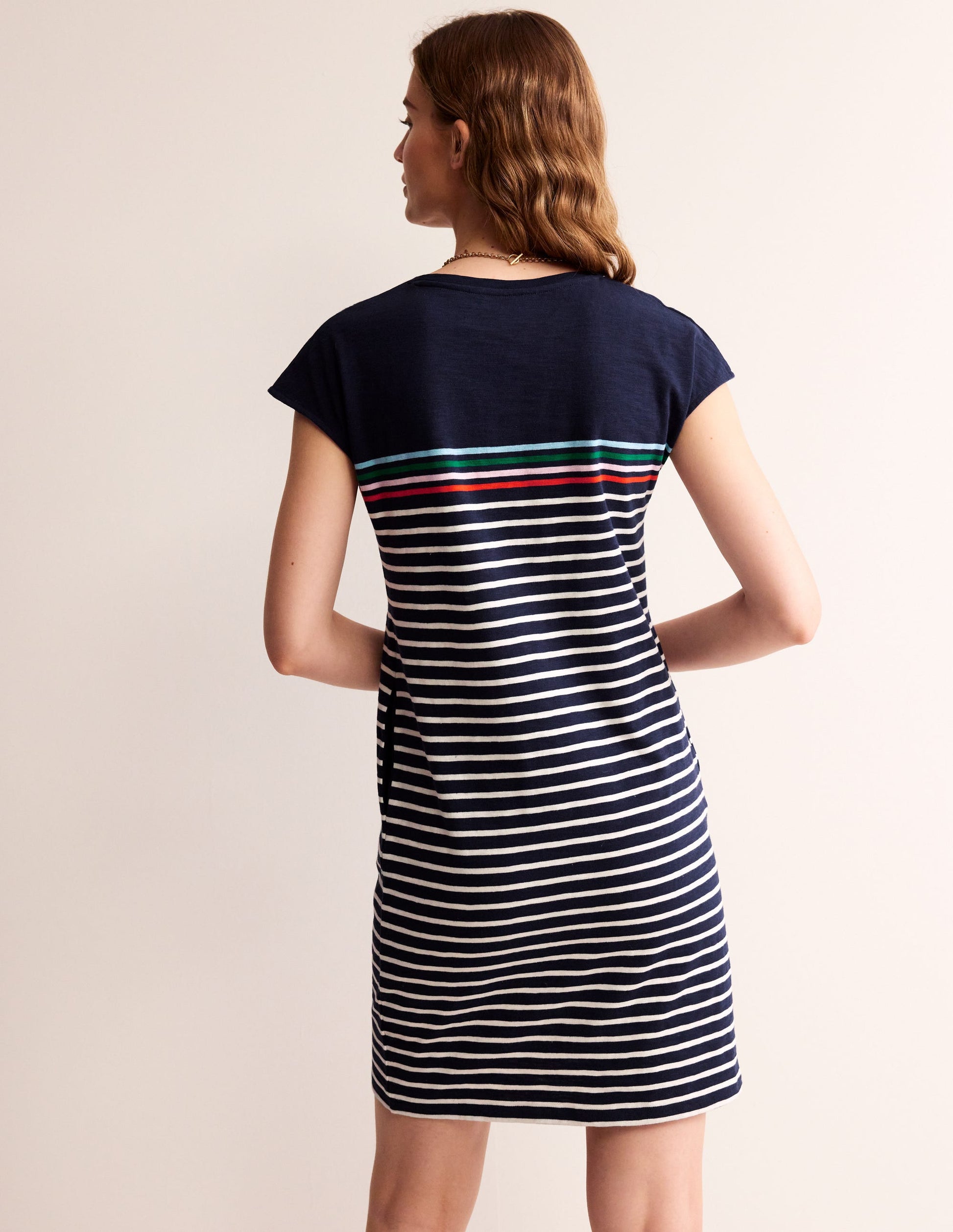 Leah Jersey T-shirt Dress-Navy, Ivory Multistripe-3