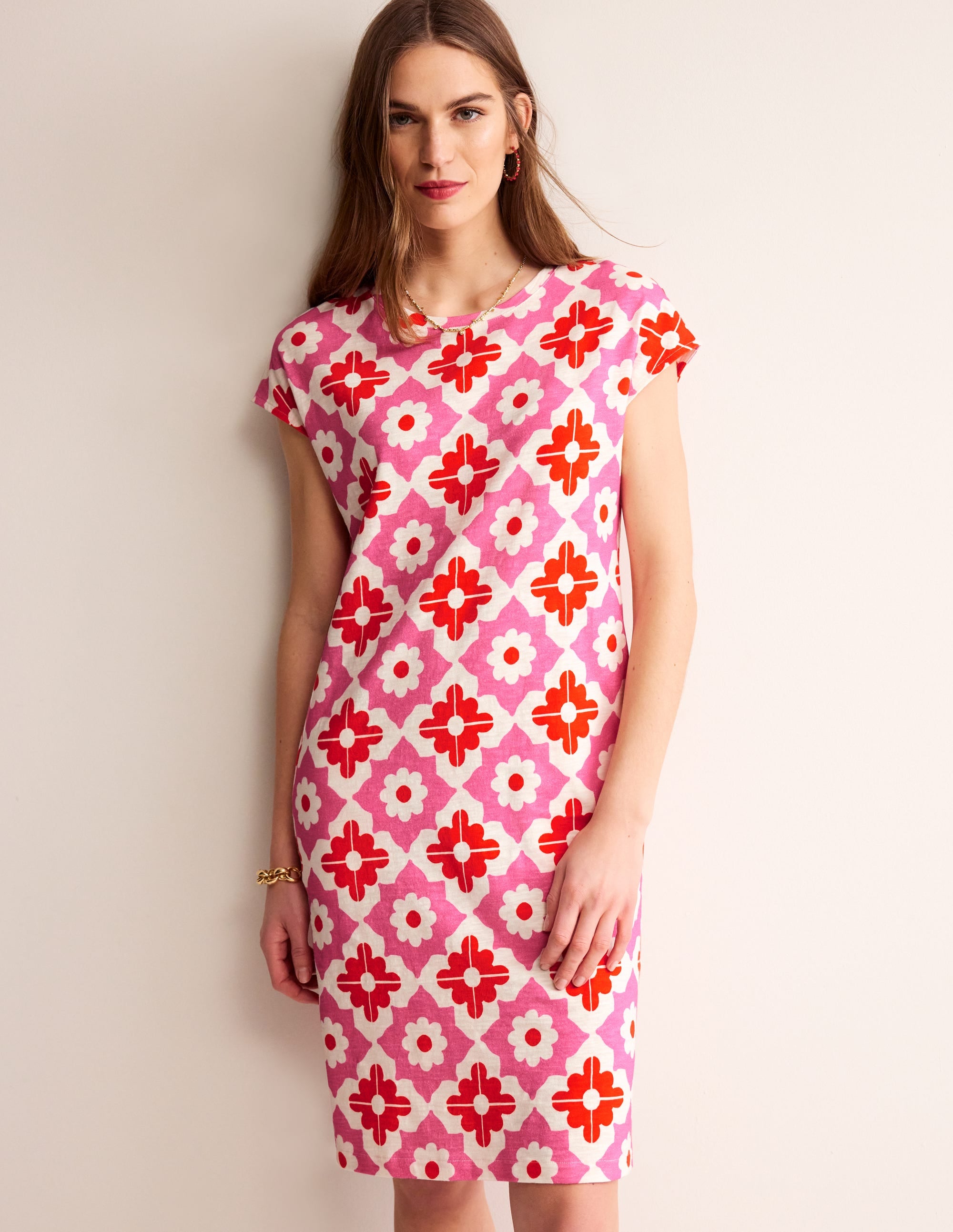 Leah Jersey T-shirt Dress-Pink Power, Geometric Stamp - Image 1