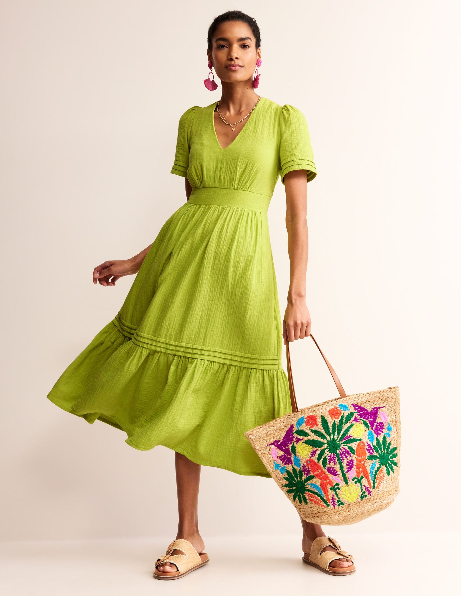 Eve Double Cloth Midi Dress-Chartreuse-5
