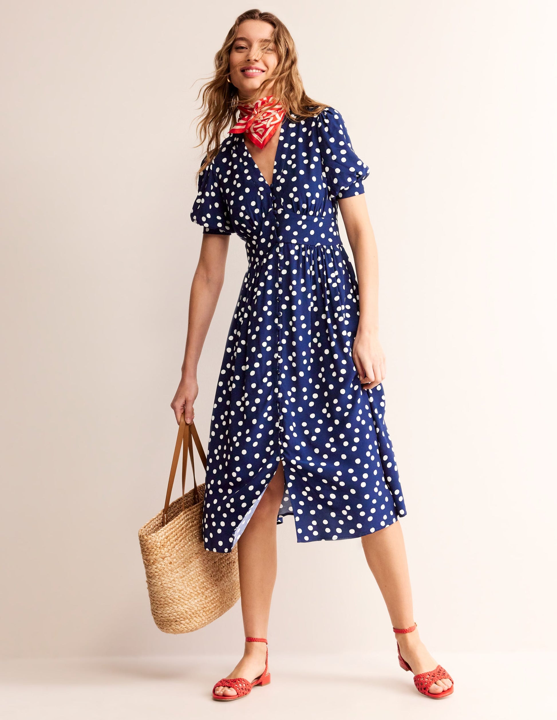 Elsa Midi Tea Dress-Navy Spot-6