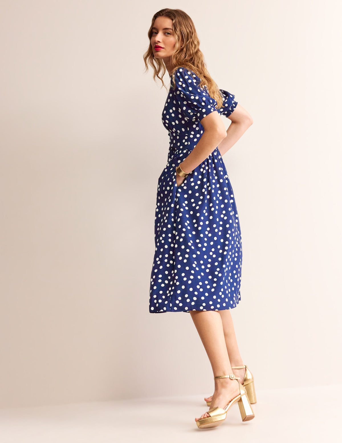 Elsa Midi Tea Dress-Navy Spot-7