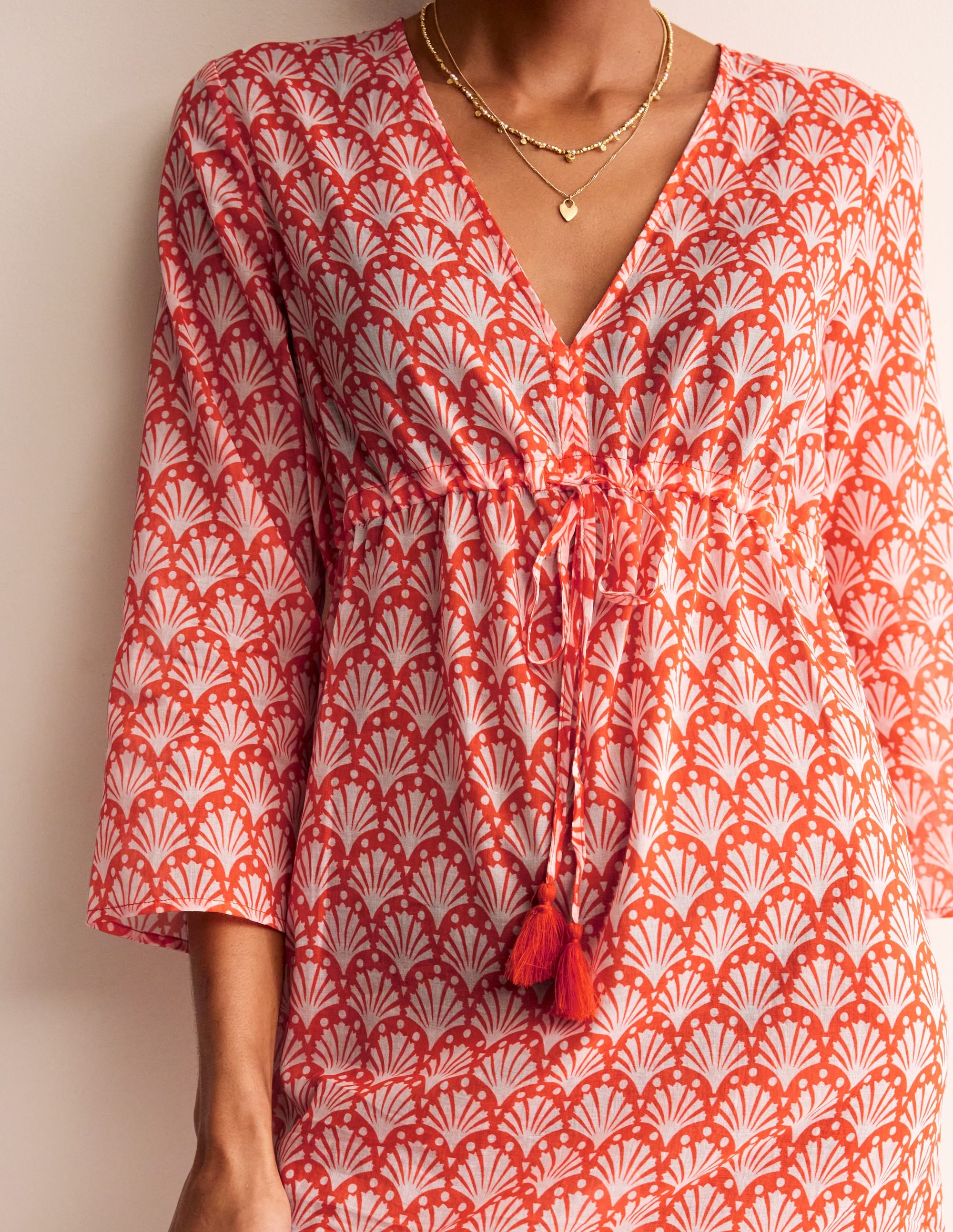 Cotton Beach Short Kaftan-Mandarin Orange, Shells - Image 2