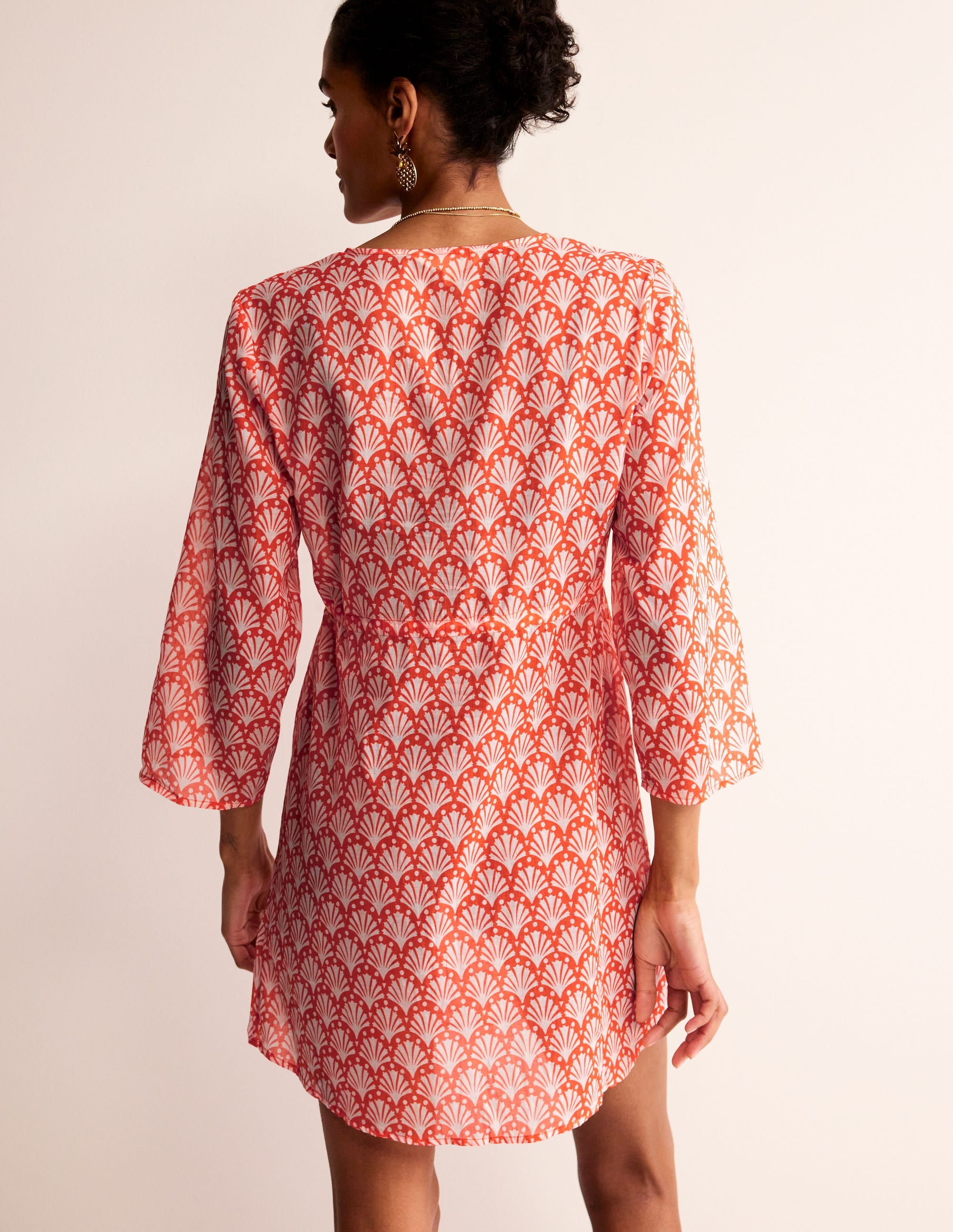 Cotton Beach Short Kaftan-Mandarin Orange, Shells - Image 3