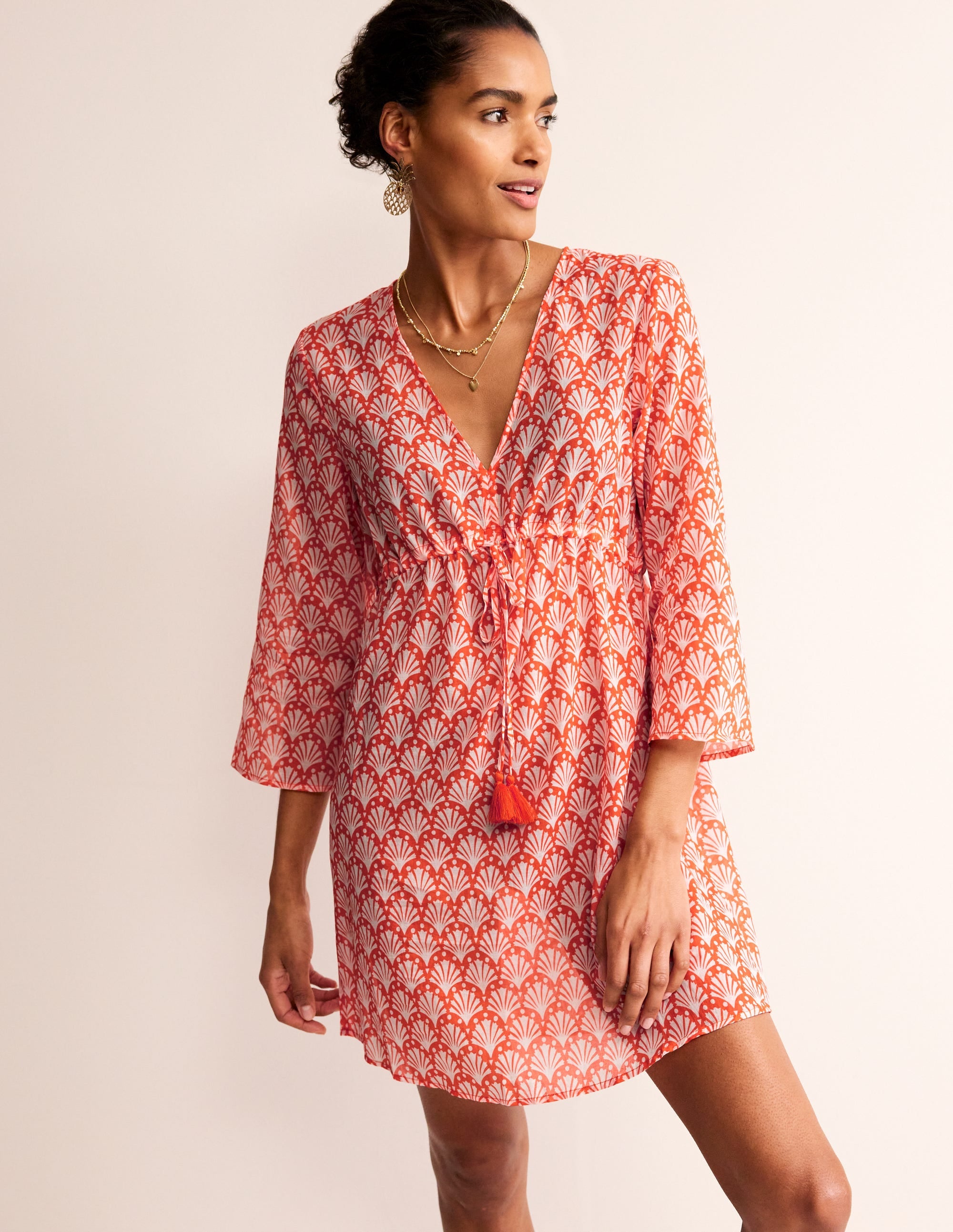 Cotton Beach Short Kaftan-Mandarin Orange, Shells - Image 4