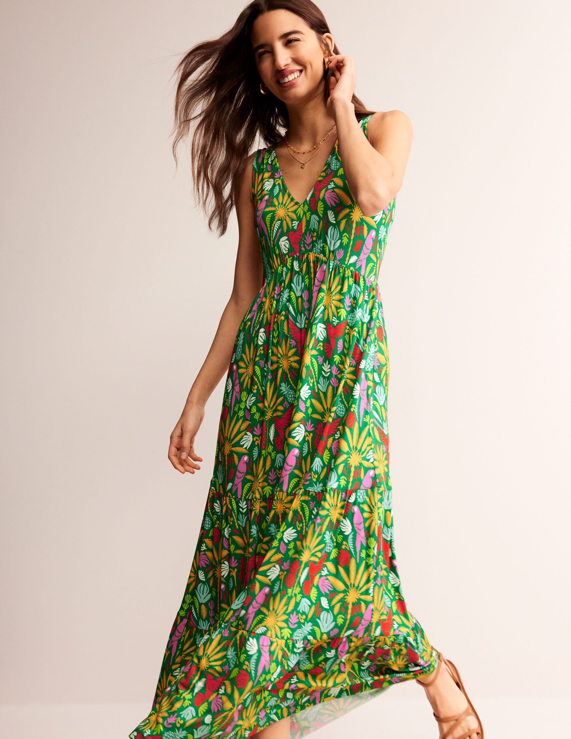 Sylvia Jersey Maxi Tier Dress-Green, Tropical Paradise - Image 1