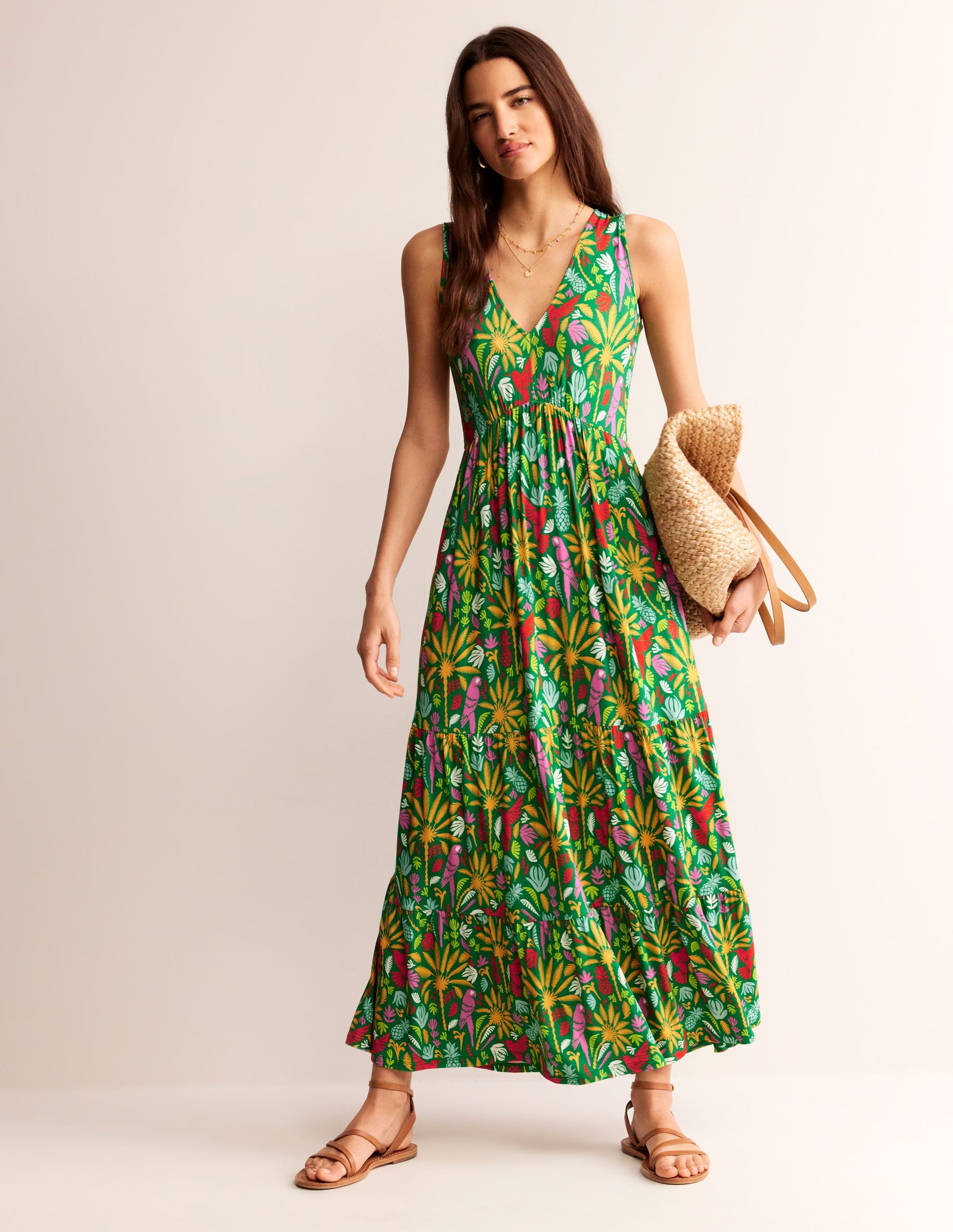 Sylvia Jersey Maxi Tier Dress-Green, Tropical Paradise-2