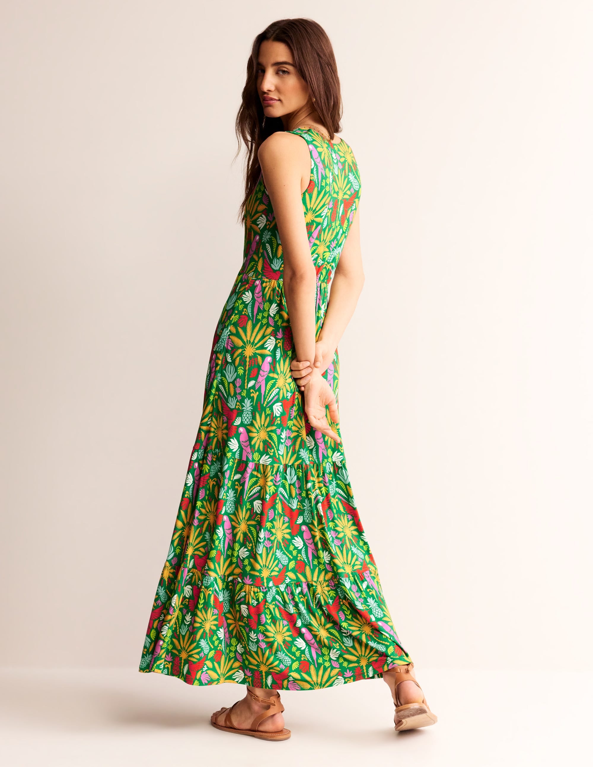 Sylvia Jersey Maxi Tier Dress-Green, Tropical Paradise - Image 4