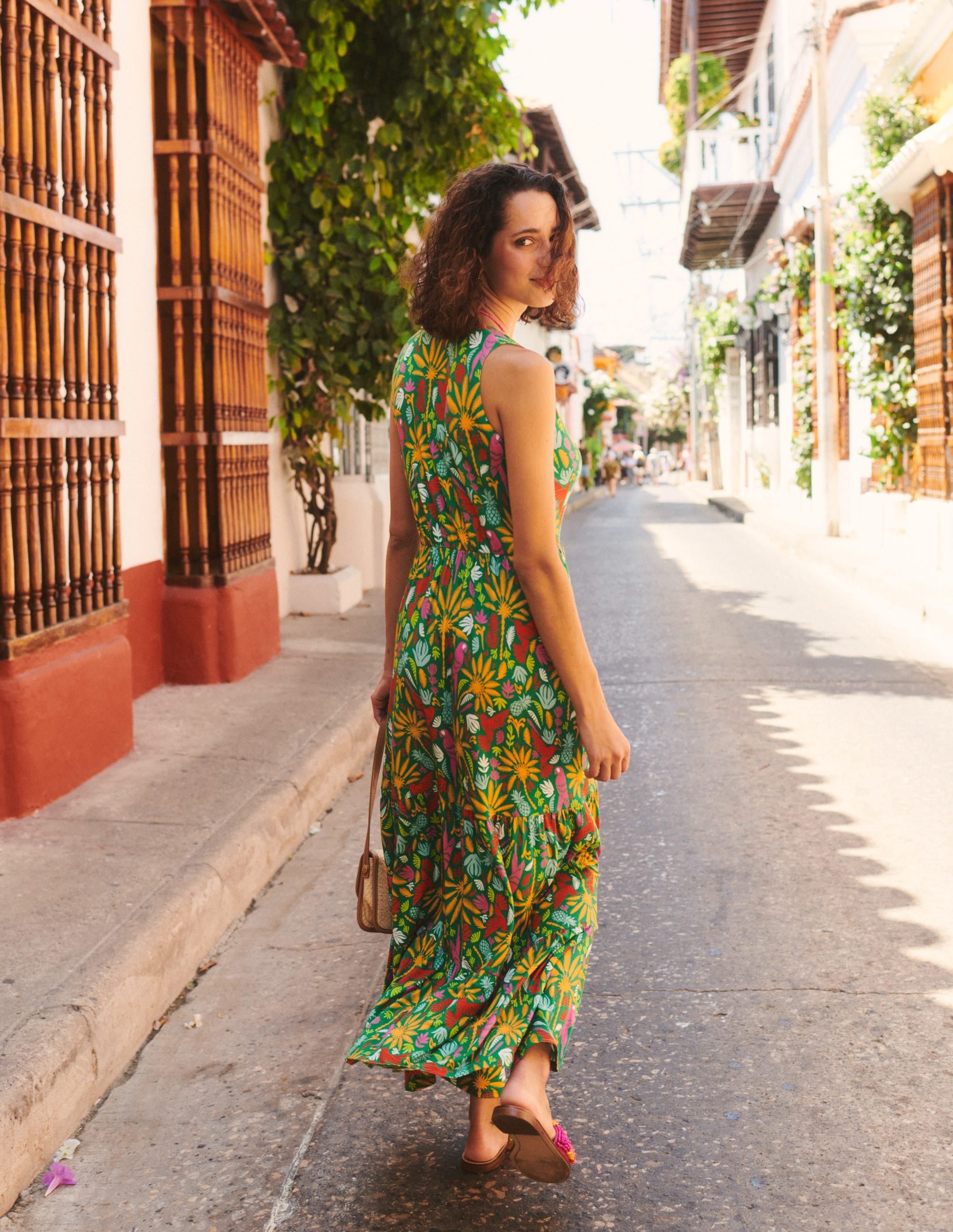 Sylvia Jersey Maxi Tier Dress-Green, Tropical Paradise - Image 5