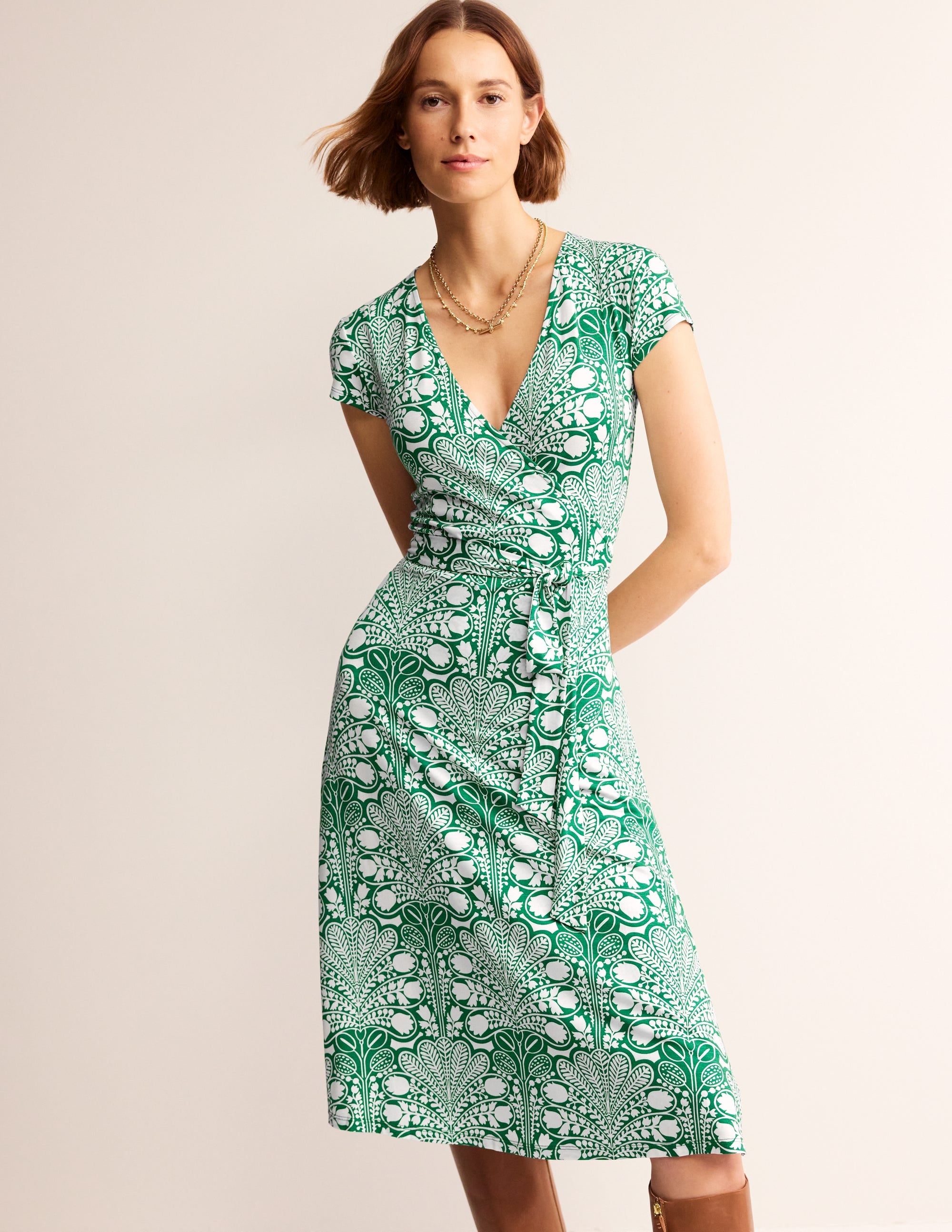 Joanna Cap Sleeve Wrap Dress-Green, Gardenia Swirl - Image 1