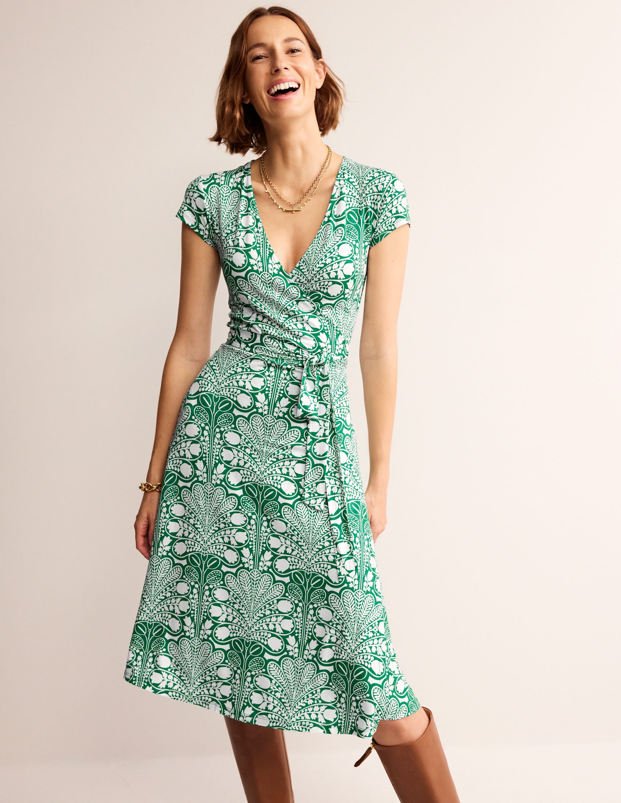 Joanna Cap Sleeve Wrap Dress-Green, Gardenia Swirl - Image 4