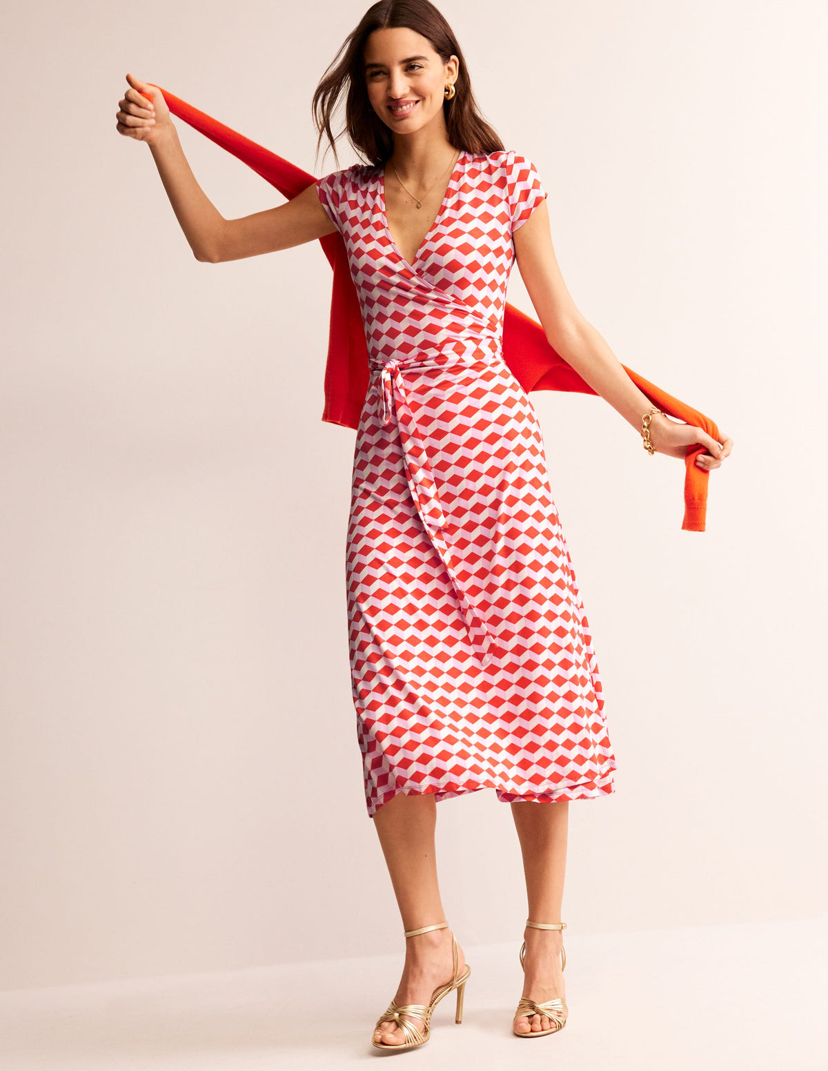 Joanna Cap Sleeve Wrap Dress-Red, Diamond Cube - Image 1