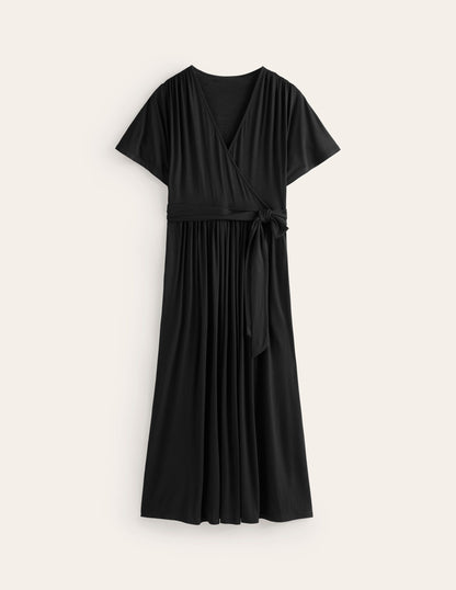Kimono Wrap Jersey Midi Dress-Black-5