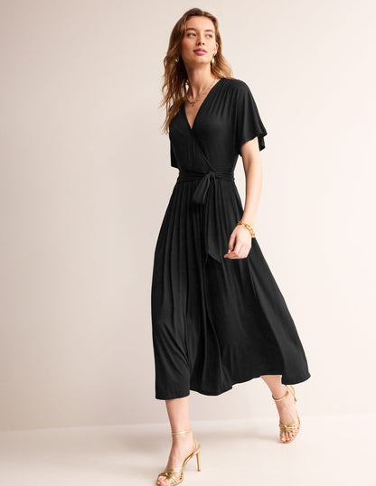 Kimono Wrap Jersey Midi Dress-Black-1