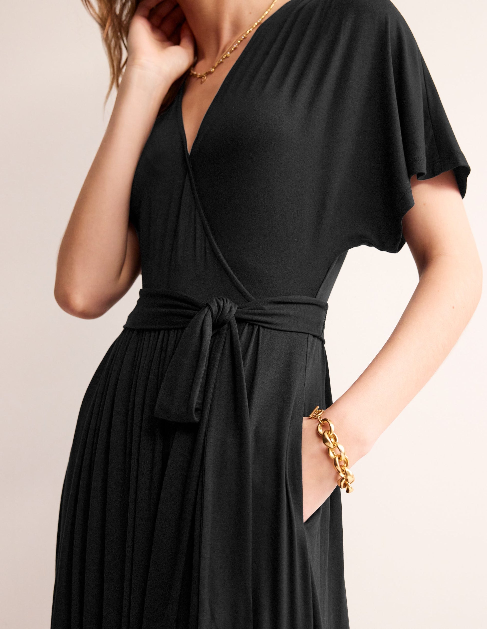 Kimono Wrap Jersey Midi Dress-Black-2