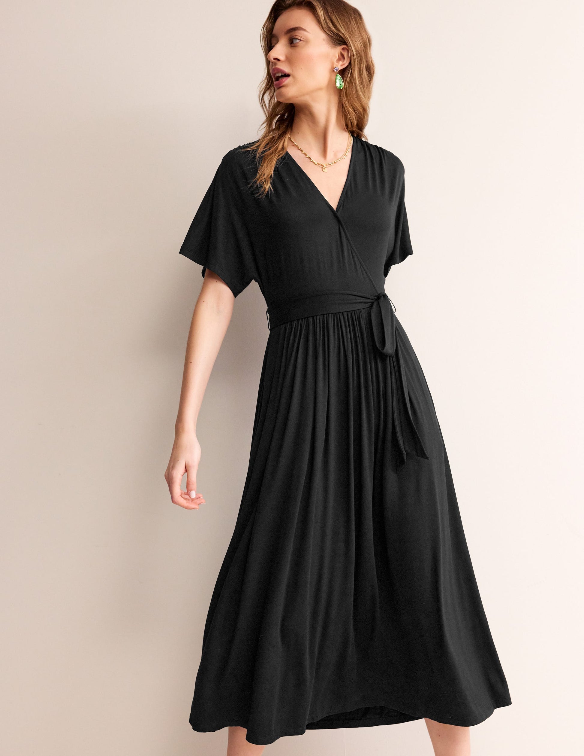 Kimono Wrap Jersey Midi Dress-Black-4