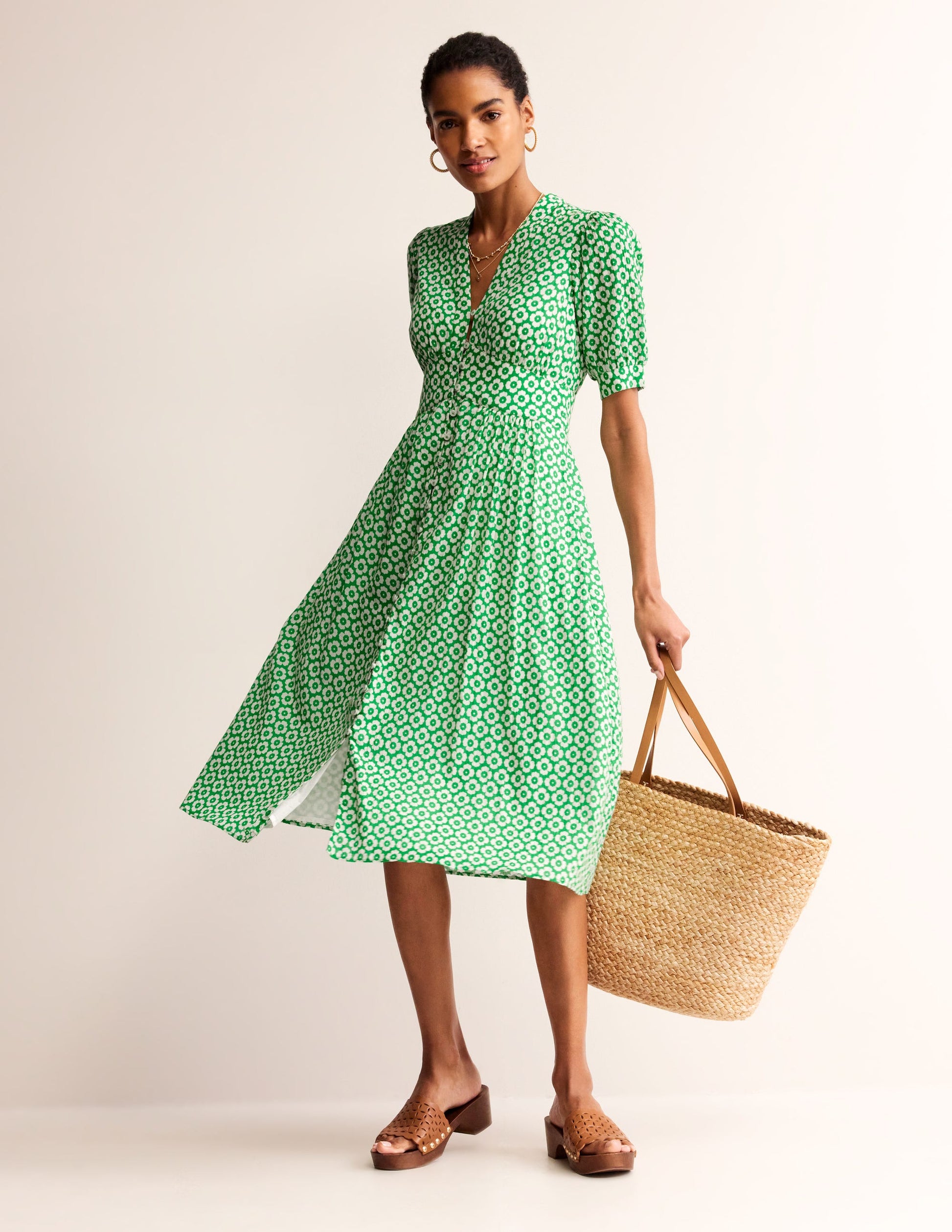 Elsa Crinkle Midi Tea Dress-Green Tambourine, Primrose-5