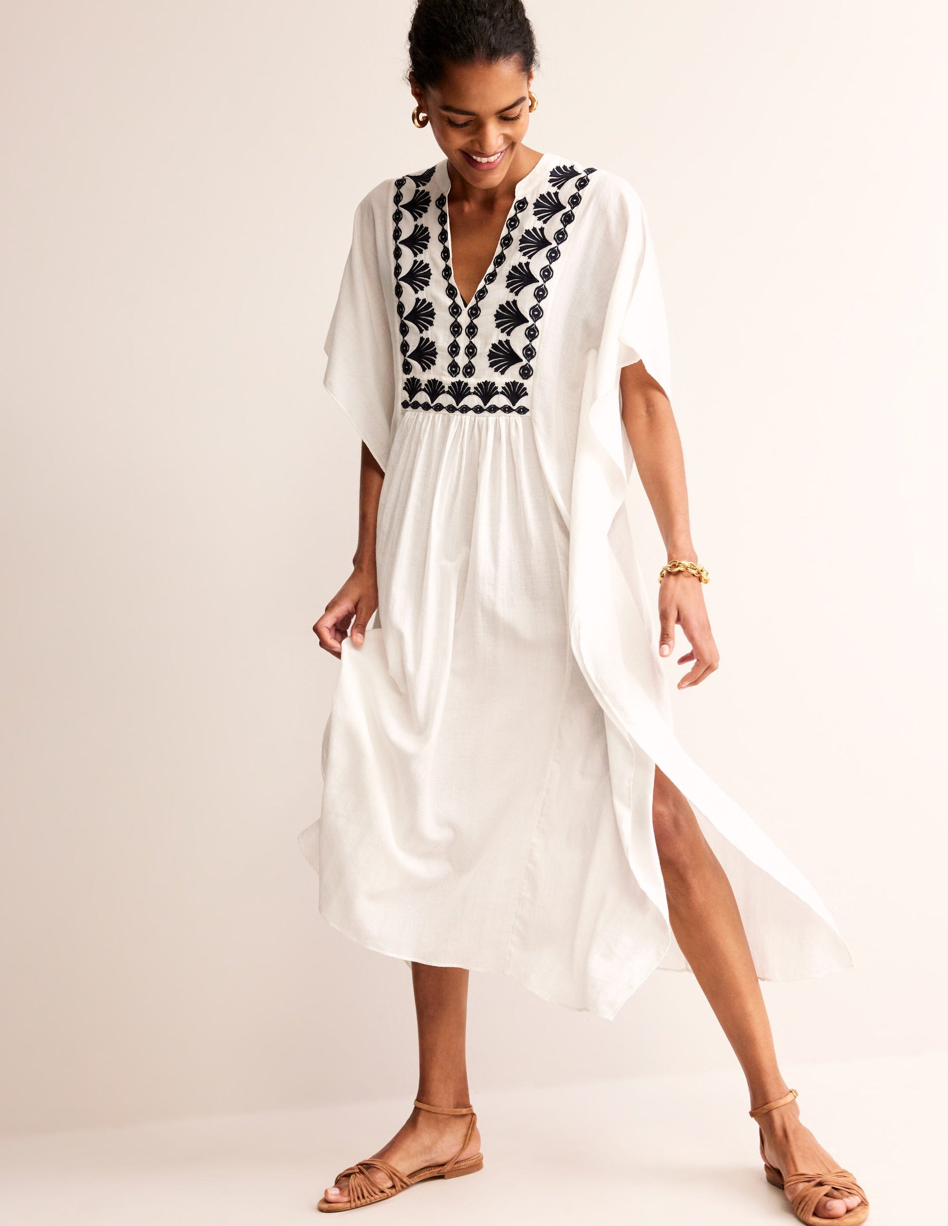 Embroidered V-Neck Kaftan-Ivory-1
