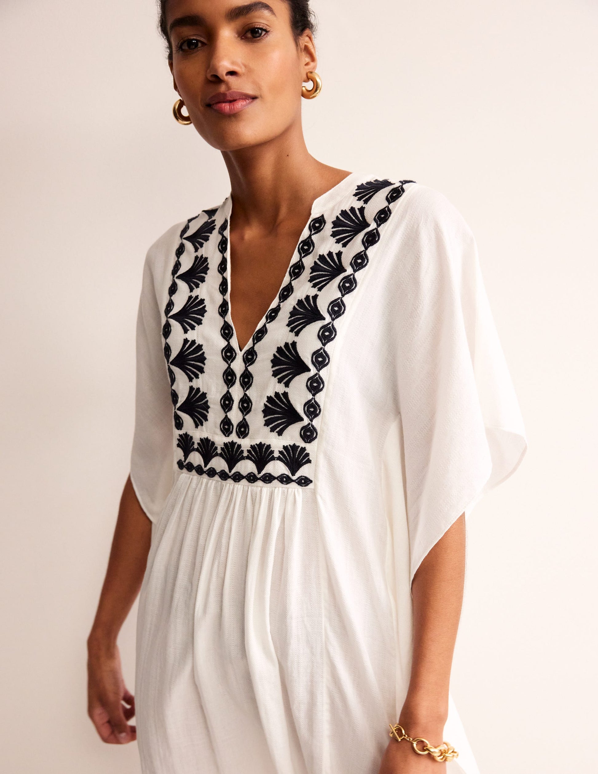 Embroidered V-Neck Kaftan-Ivory-2