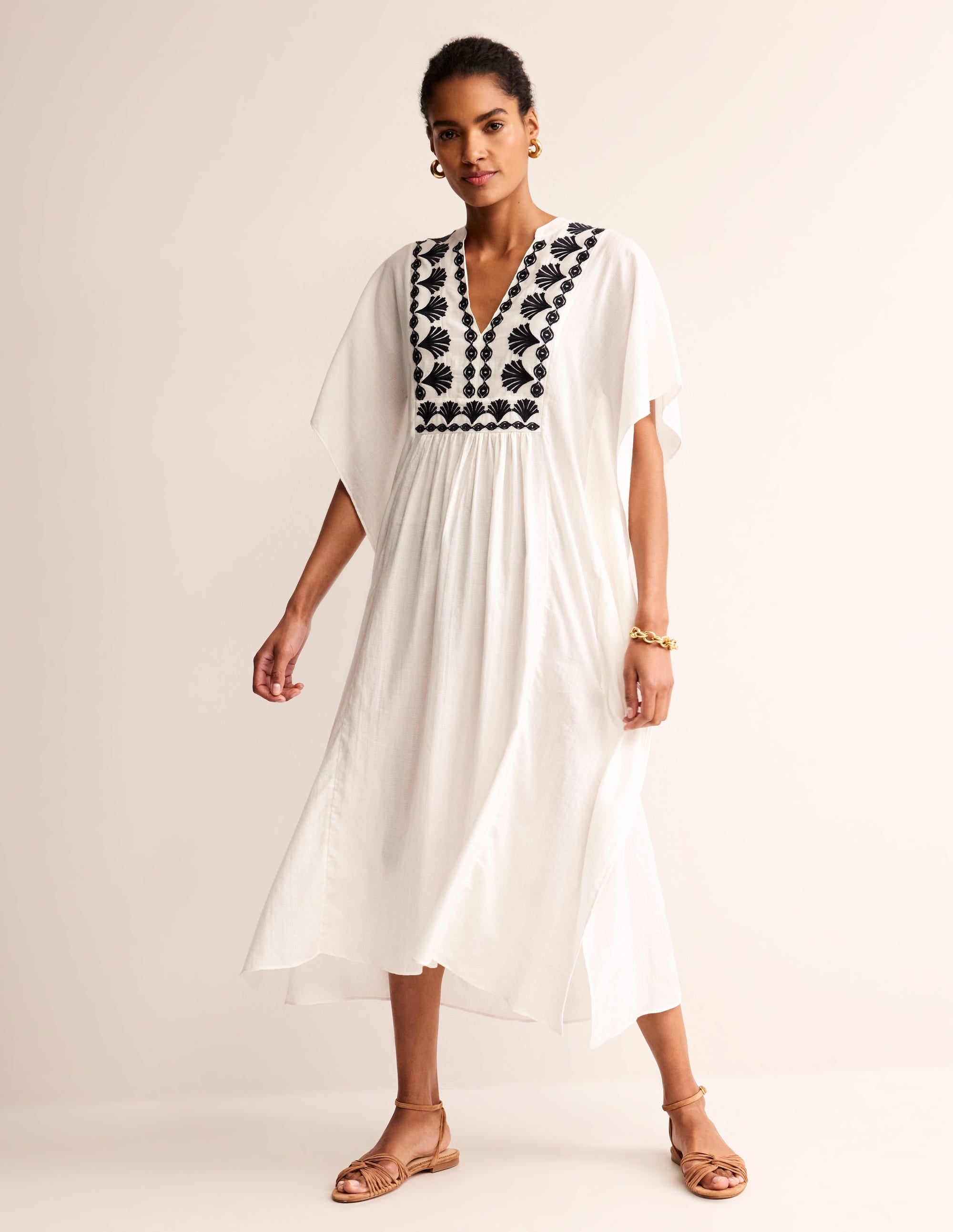 Embroidered V-Neck Kaftan-Ivory - Image 4