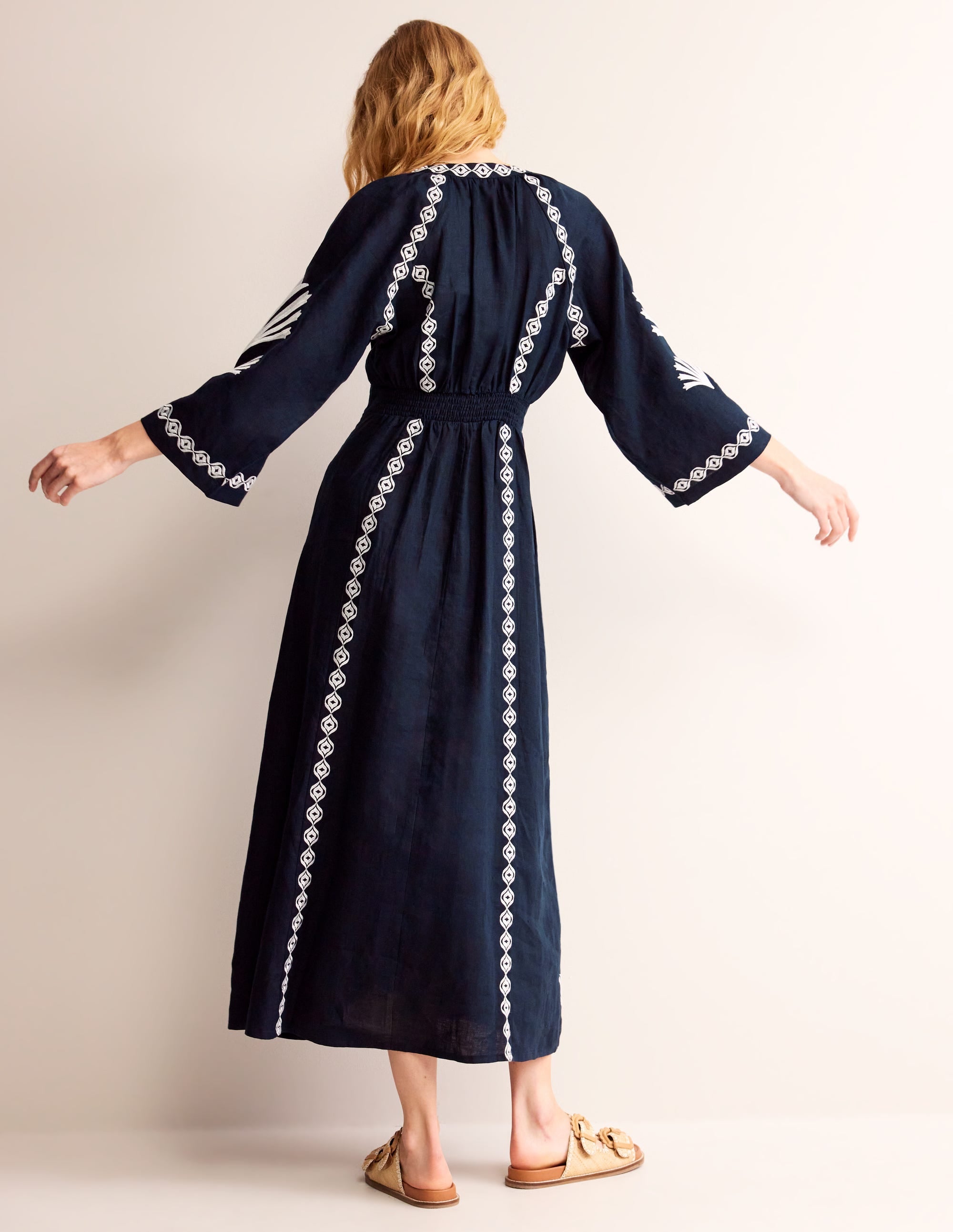 Una Linen Midi Dress-Navy - Image 3