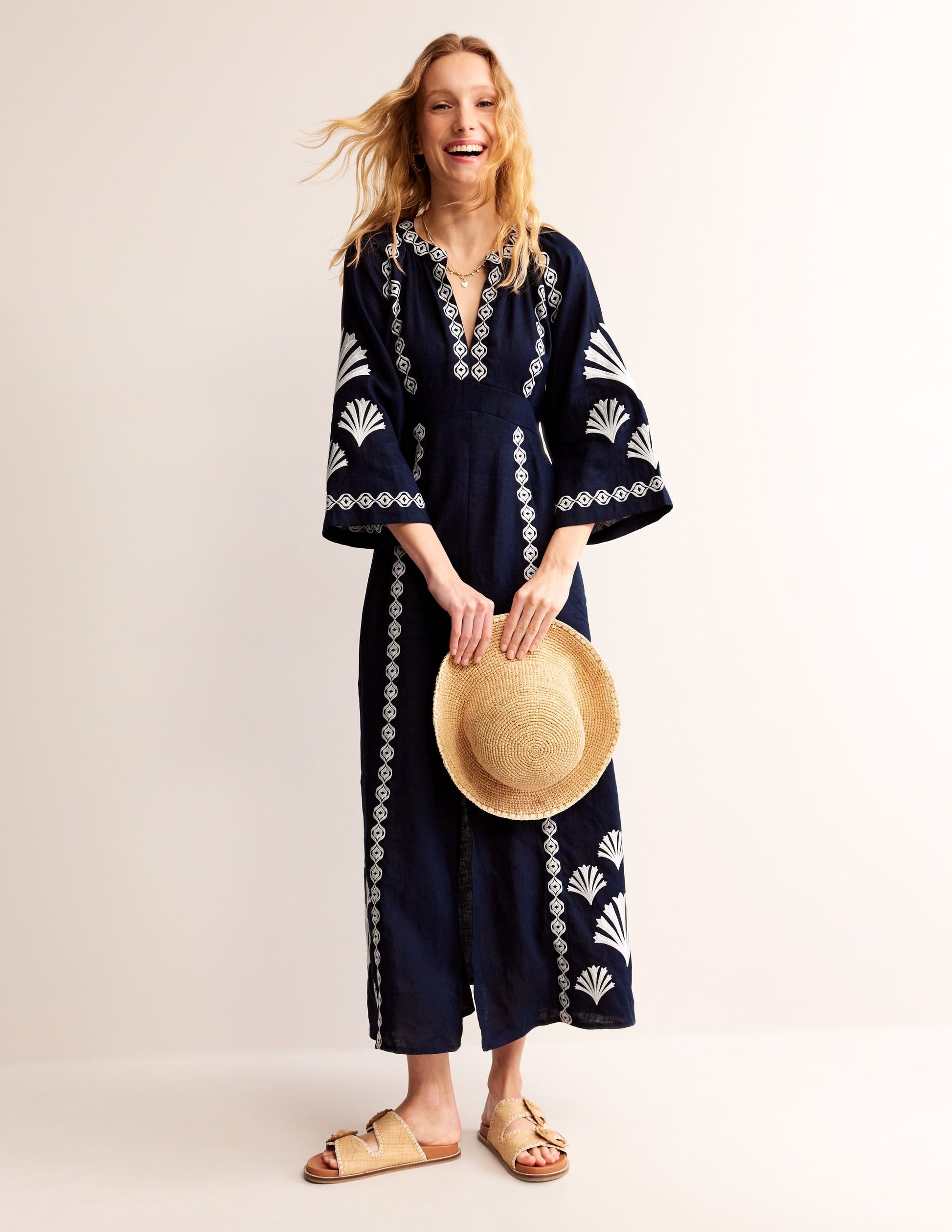 Una Linen Midi Dress-Navy-6