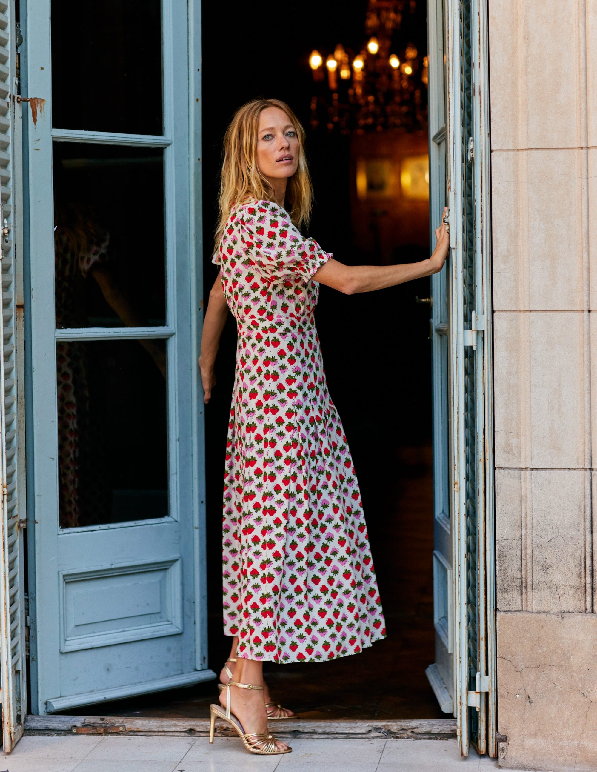 Liv Pleat Detail Midi Dress-Ivory, Strawberry Pop - Image 5