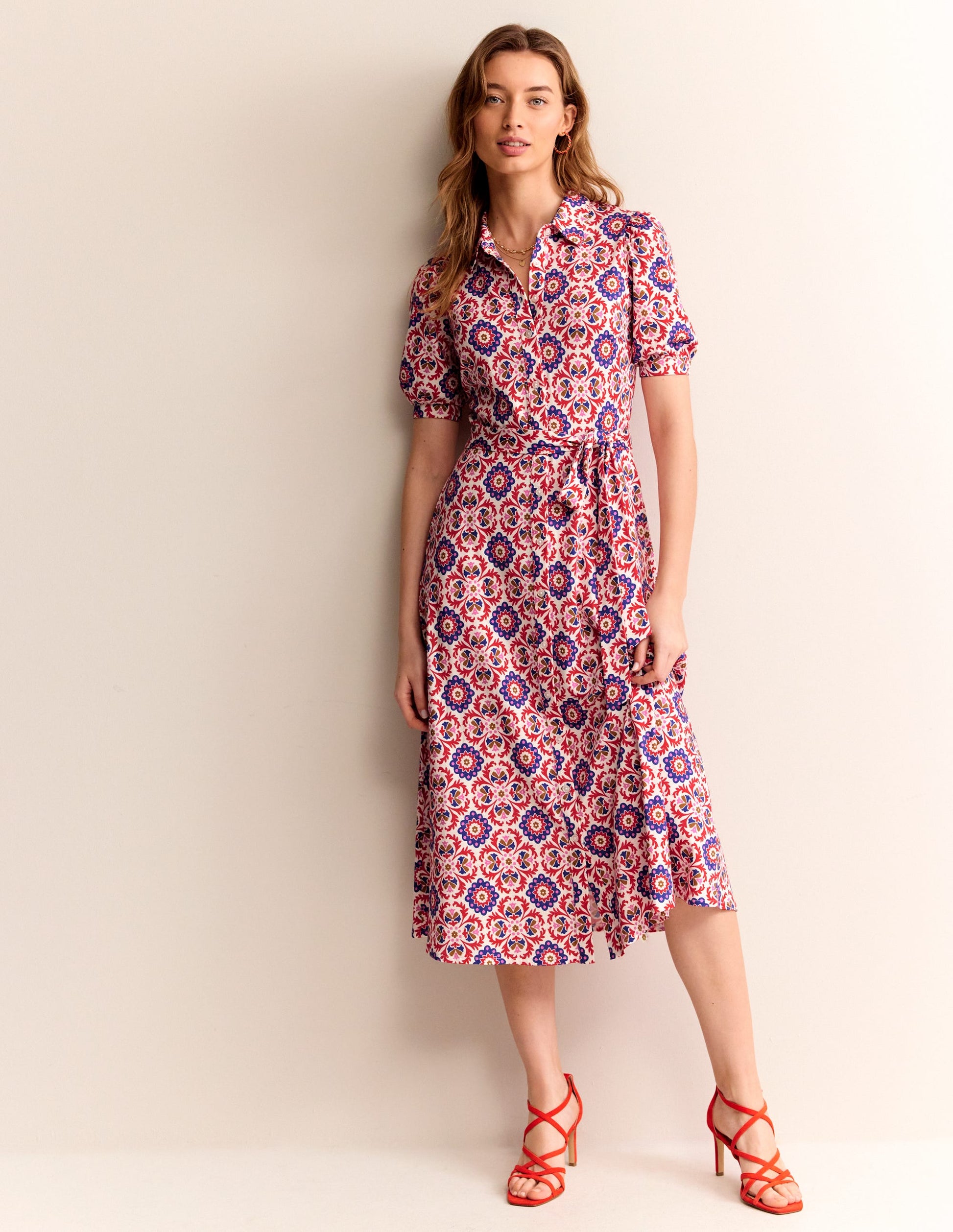 Libby Jersey Midi Shirt Dress-Rubicondo, Mosaic Bloom-1