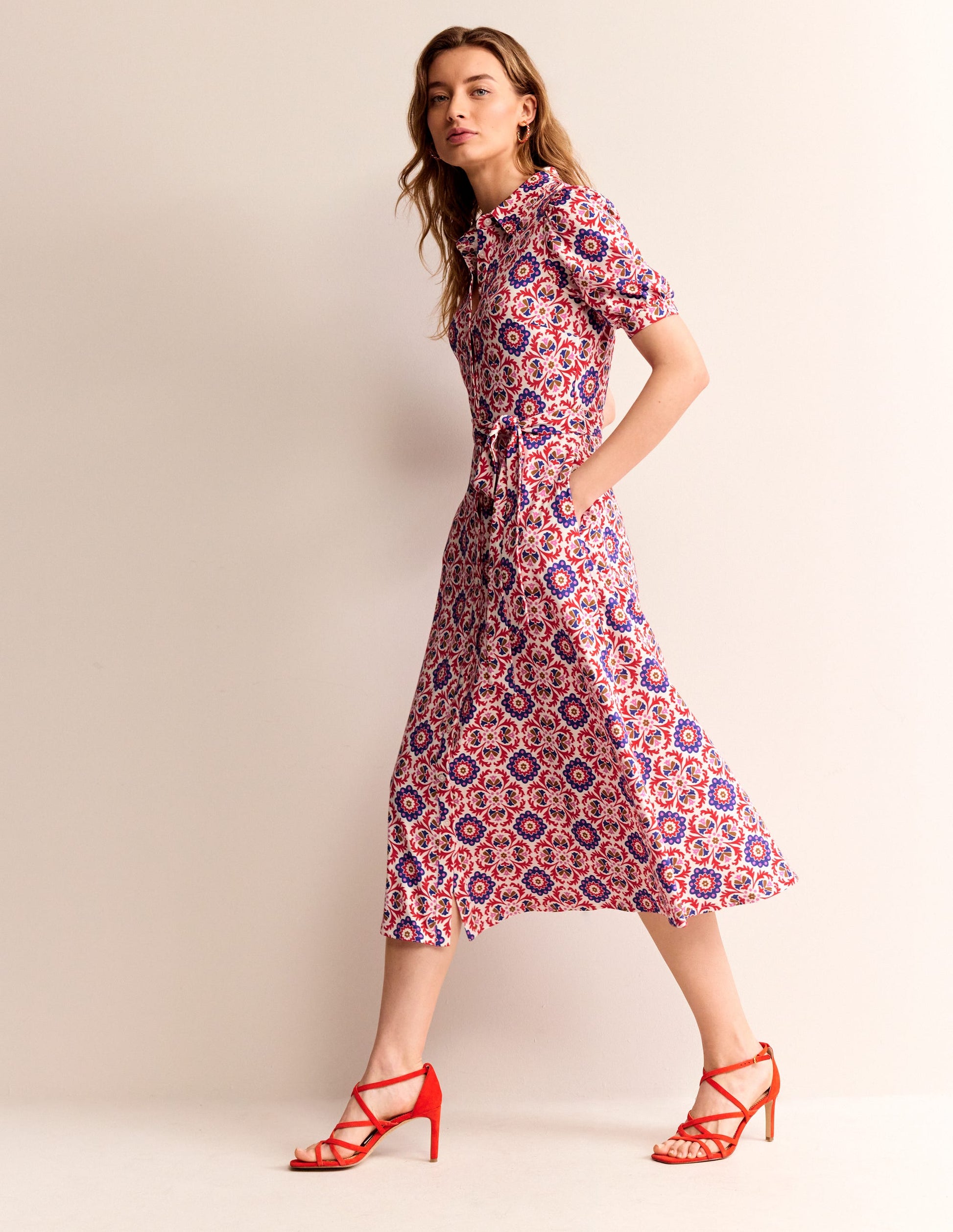 Libby Jersey Midi Shirt Dress-Rubicondo, Mosaic Bloom-4