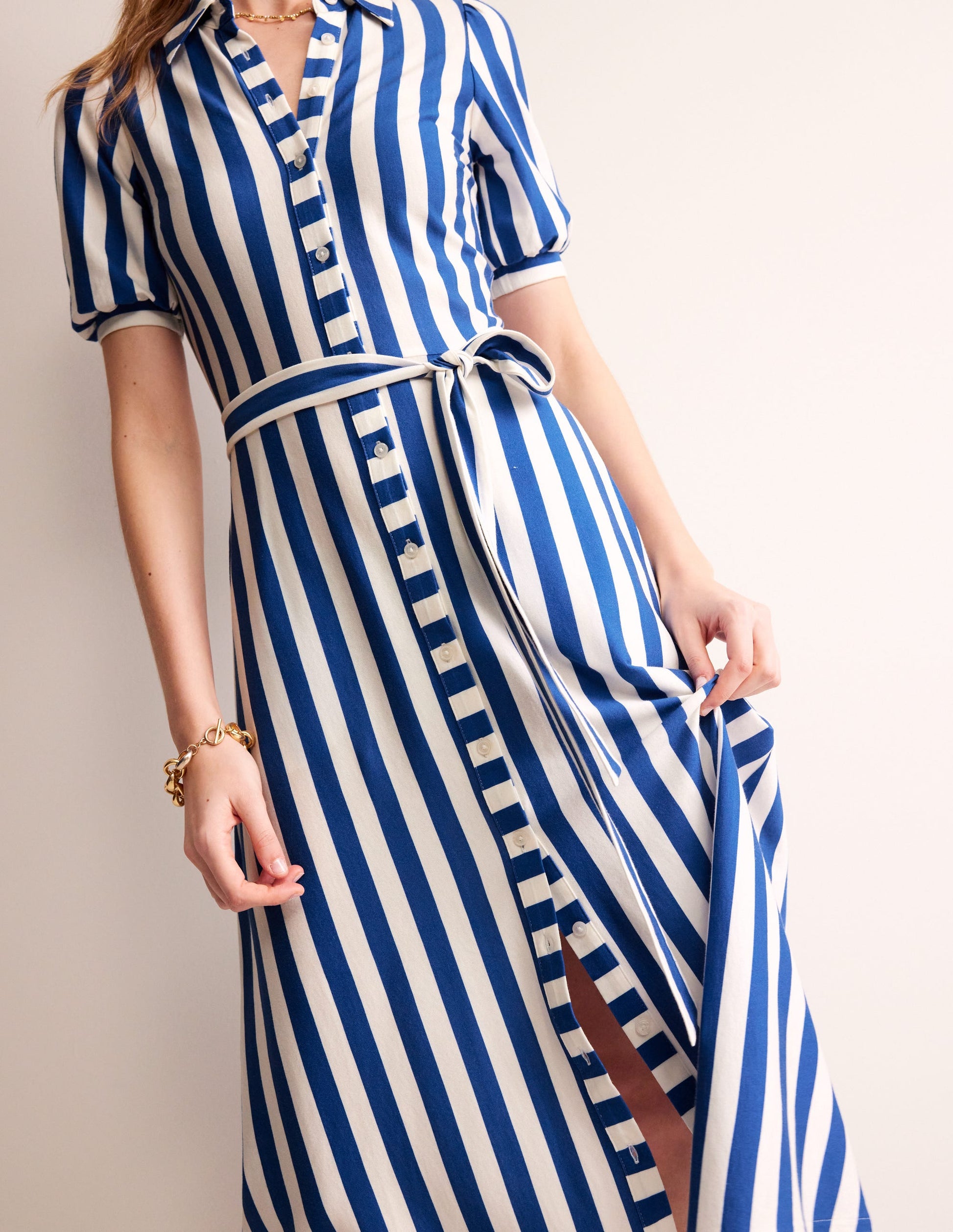 Libby Jersey Midi Shirt Dress-Blue, Ivory Stripe-2
