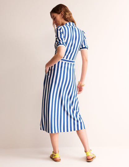Libby Jersey Midi Shirt Dress-Blue, Ivory Stripe-3